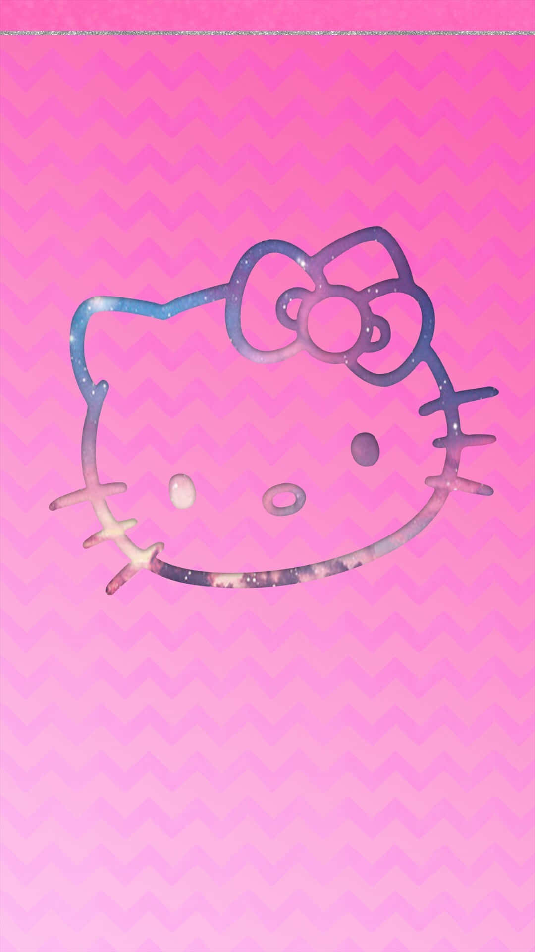  壁紙 — 一個閃爍的銀河主題Hello Kitty剪影，以宇宙色調勾勒，襯托在充滿活力的粉紅色鋸齒背景上。