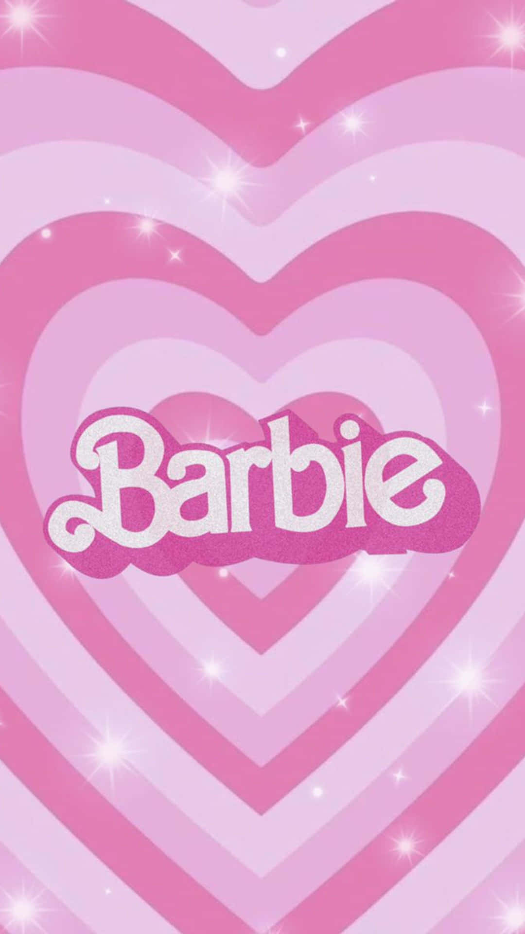  壁紙 — 閃粉粉紅色桌布，在同心心和閃爍星星內以草書顯示「Barbie」一詞。