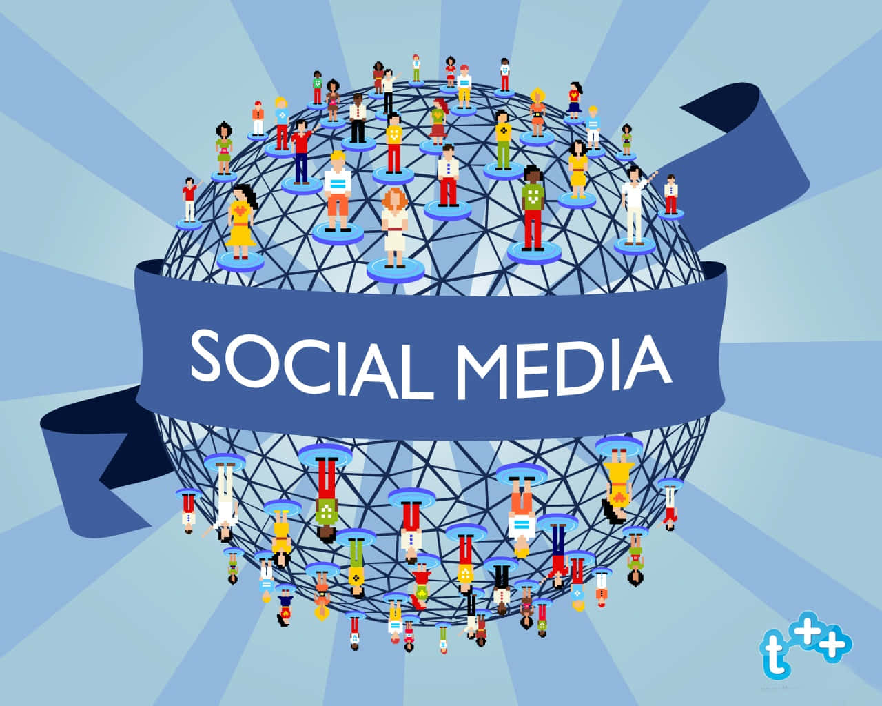 4K Social Media 桌布 壁紙 — 一個地球儀上佈滿色彩繽紛的像素化人物，由一條標有社交媒體的藍色絲帶連接，背景為放射狀藍色。