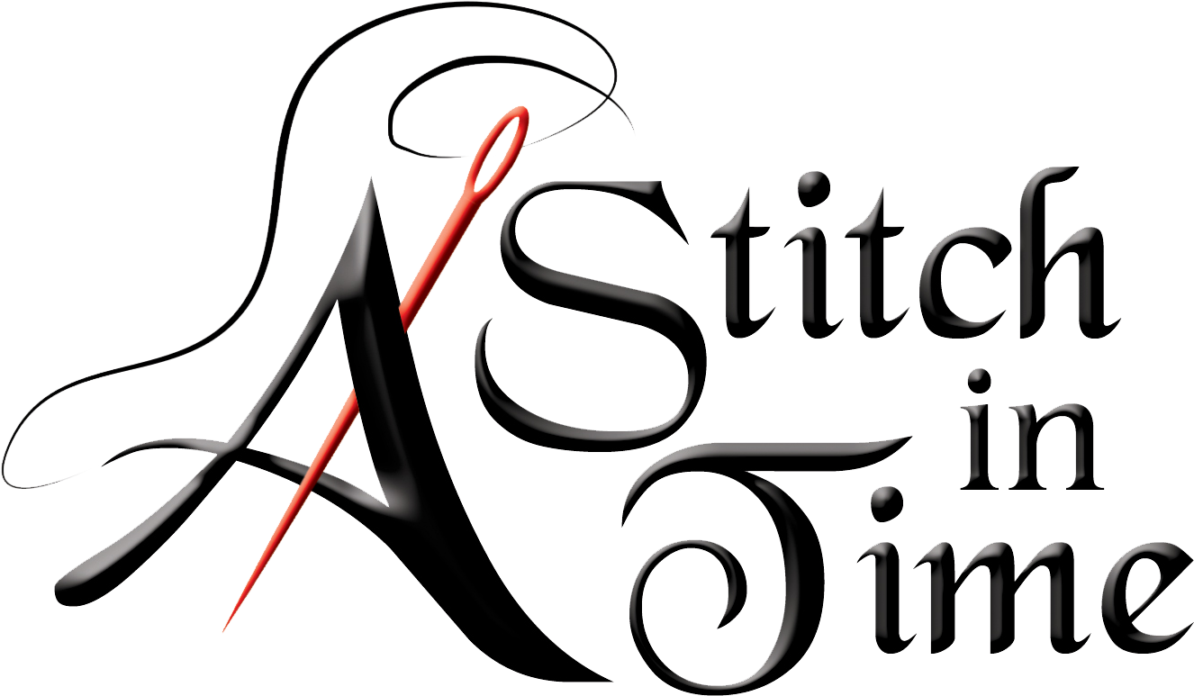 一個黑紅針圖形整合到文字「A Stitch in Time」中。 — Stitch 壁紙