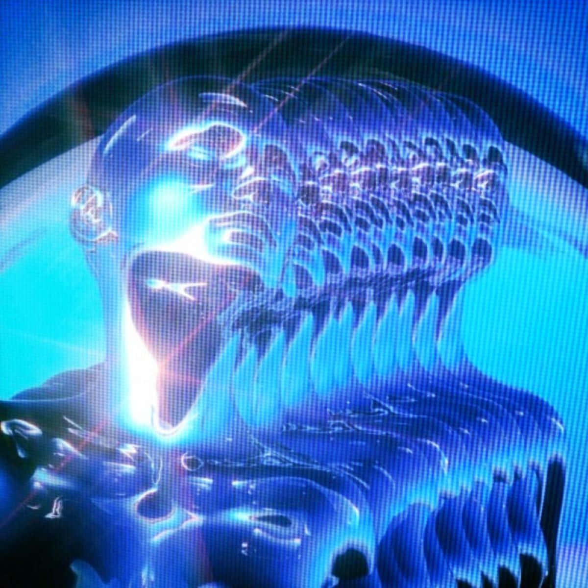  壁紙 — 一個發光的藍色外星生物，張大嘴巴，身體分節，出現在像素化螢幕上。