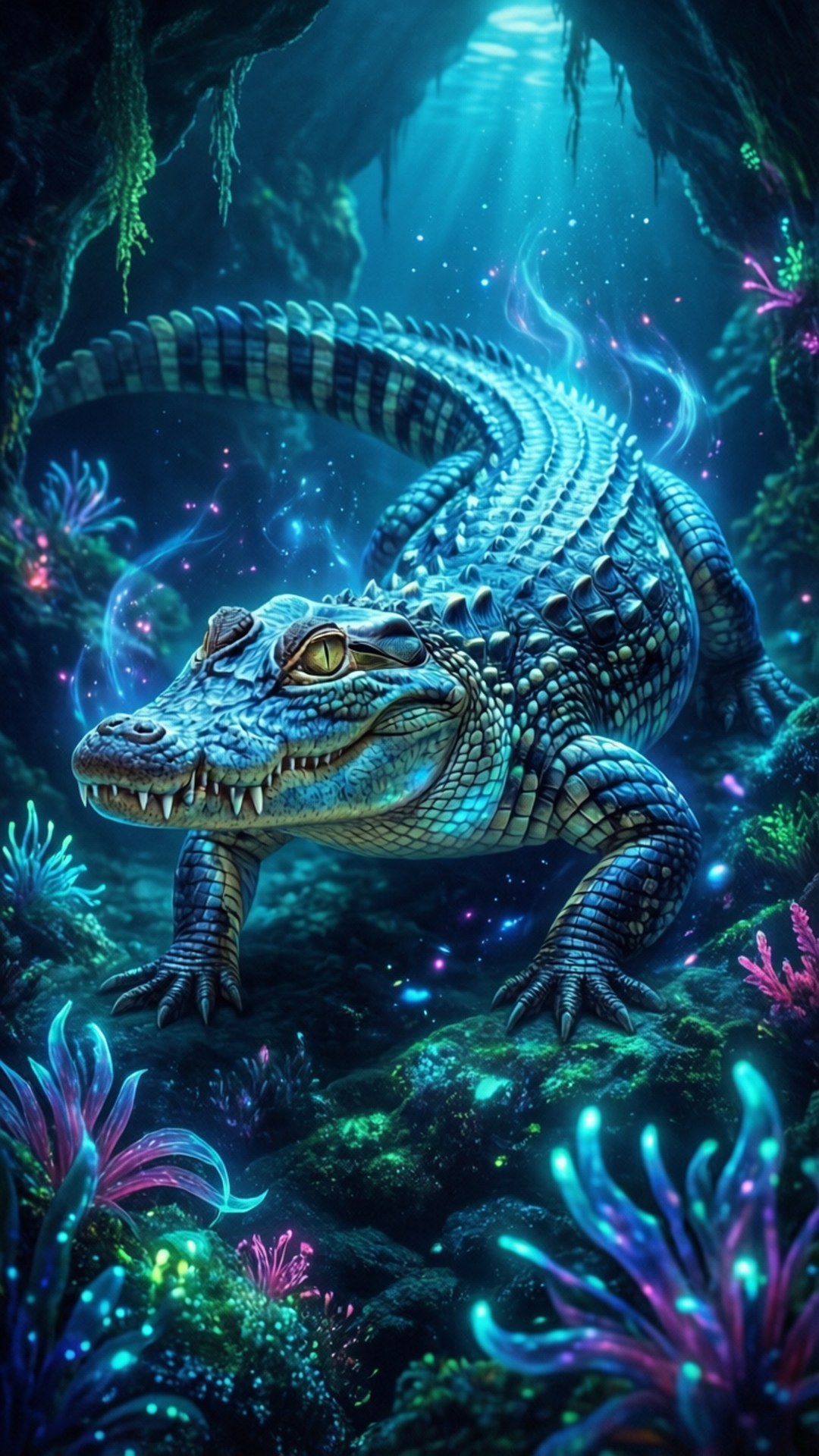 Glowing Fantasy Alligator 壁紙 — 一條發光的藍色短吻鱷在神秘的水下洞穴中休息，周圍環繞著霓虹珊瑚和漂浮的粒子。