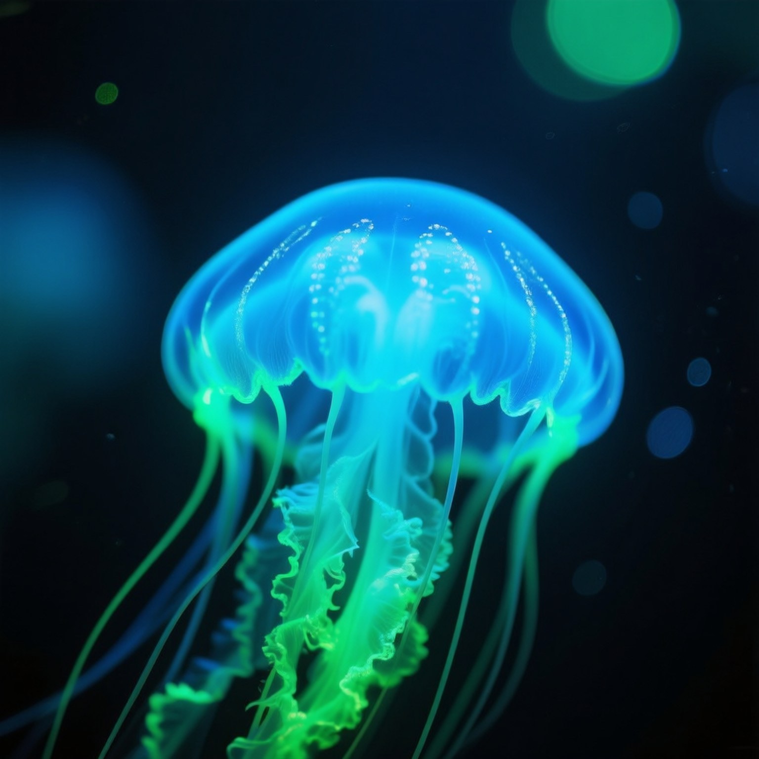 Neon Aquarium Jelly 壁紙 — 發光的藍色和綠色水母在帶有散景光圈的黑暗背景下輕輕脈動。