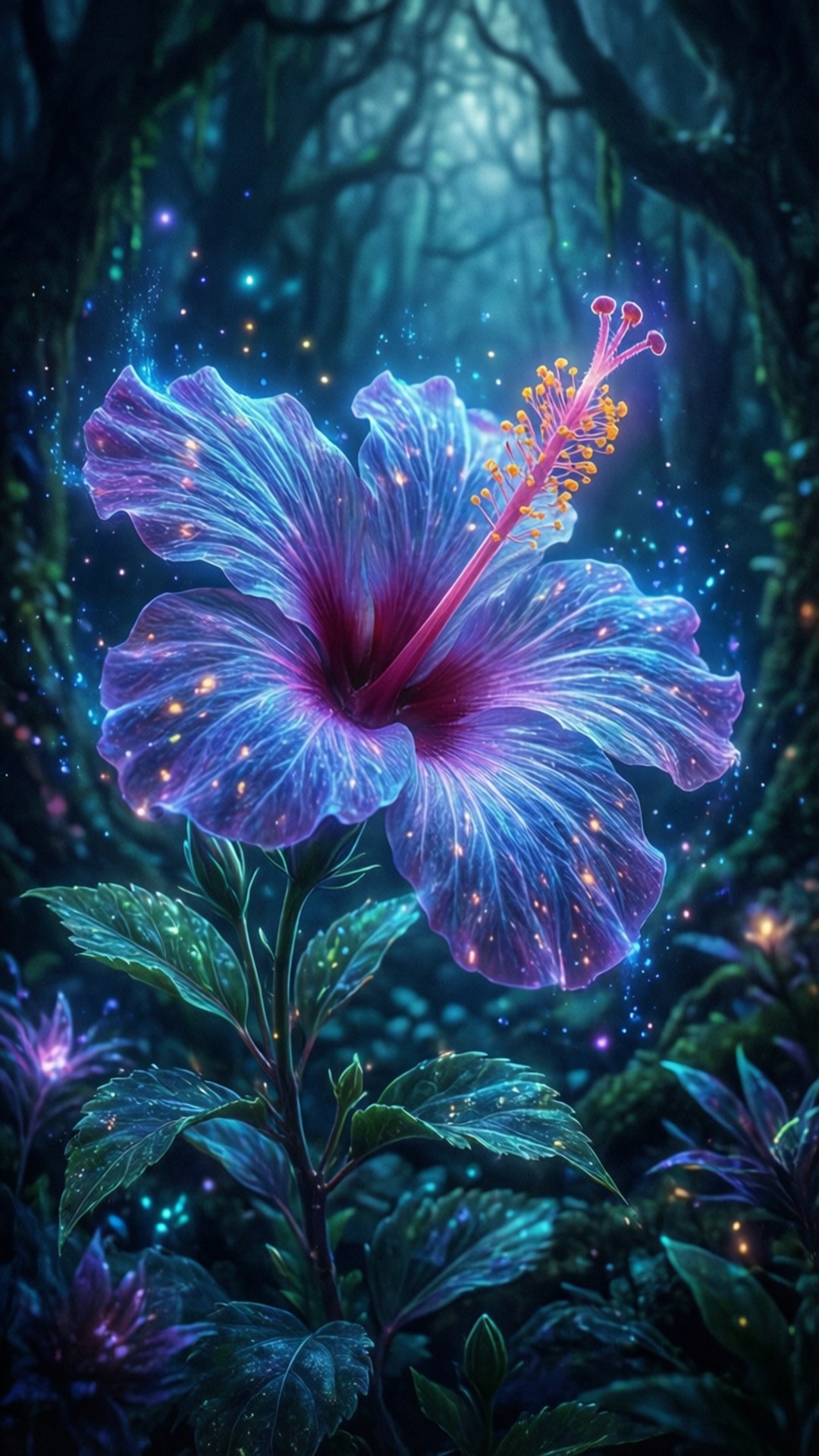 Enchanted Hibiscus 壁紙 — 一朵發光的藍紫色木芙蓉花在充滿閃爍燈光的黑暗魔法森林中跳動著魔法。