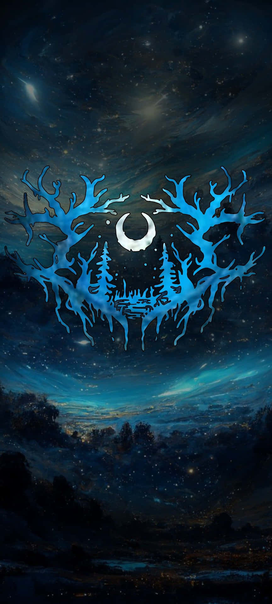  壁紙 — 一輪發光的藍色鹿角月亮懸掛在星空夜空之上，下方是黑暗的森林剪影。