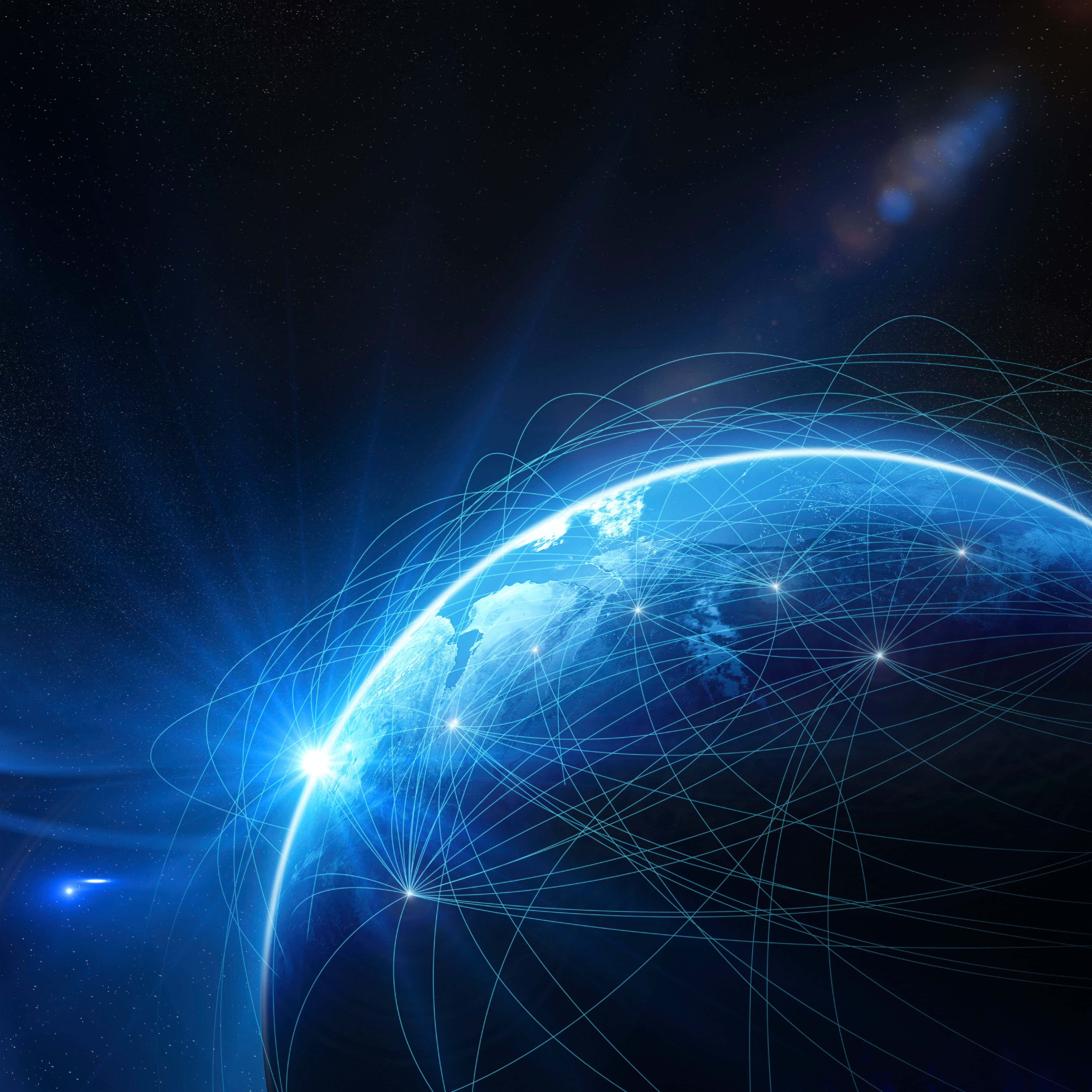 Global 桌布 壁紙 — 一顆發光的藍色地球，被明亮的數位連接環繞，背景是繁星點點的宇宙。