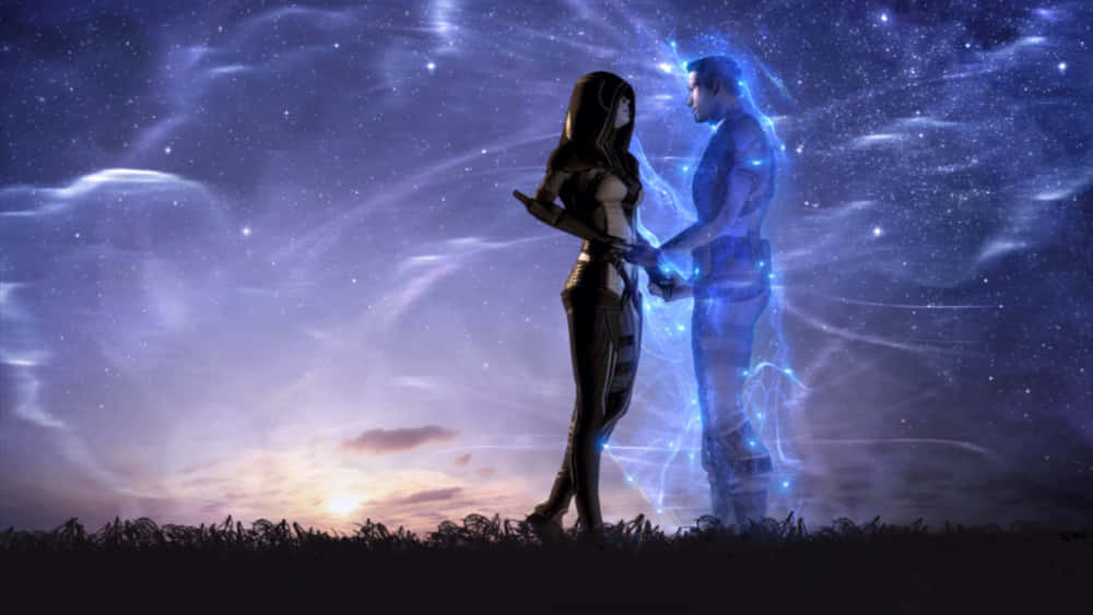 Mass Effect Trilogy 桌布 壁紙 — 一個發光的藍色空靈男人和一個身穿黑衣的女人在暮色中手牽手站在星空宇宙天空下。