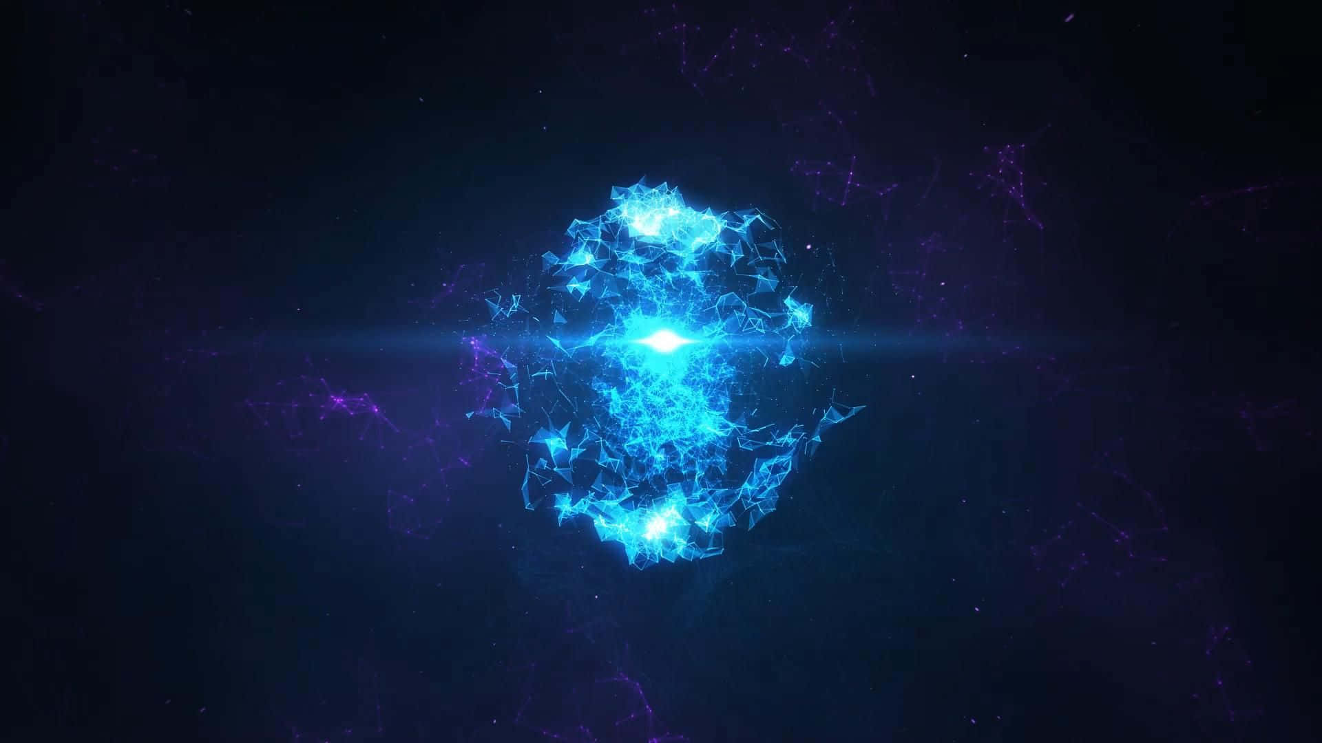 在黑暗的宇宙空間中，一個發光的藍色能量球體，伴隨著紫色星雲的絲縷。 — 3D 壁紙