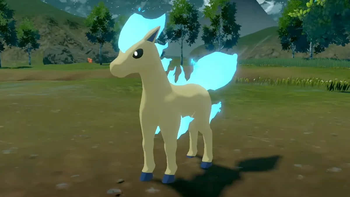 Rapidash 桌布 壁紙 — 一隻發光藍色頭髮的寶可夢站在草地上，背景有樹木和山脈。