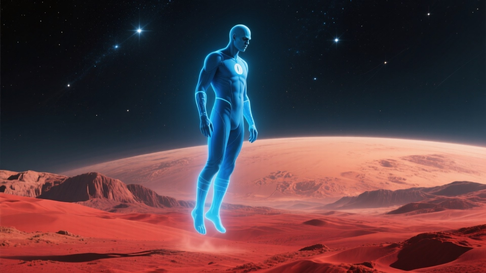 Dr. Manhattan on Mars 壁紙 — 一個發光的藍色人形身影懸浮在紅色火星沙漠上空，背景是星空夜空。