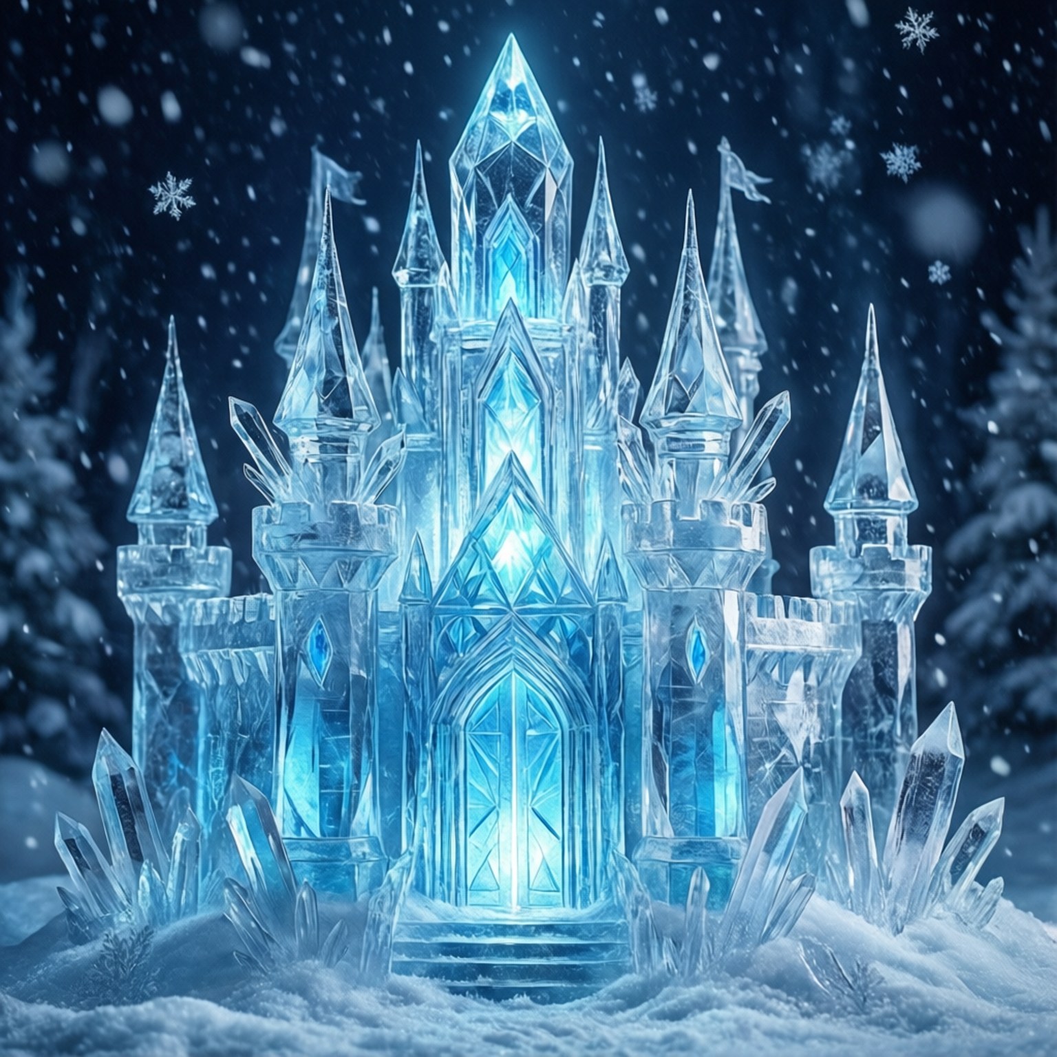 Ice Crystal Castle 壁紙 — 一座發光的藍色冰城堡，帶有尖銳的尖頂和水晶細節，矗立在飄雪的白雪森林中。