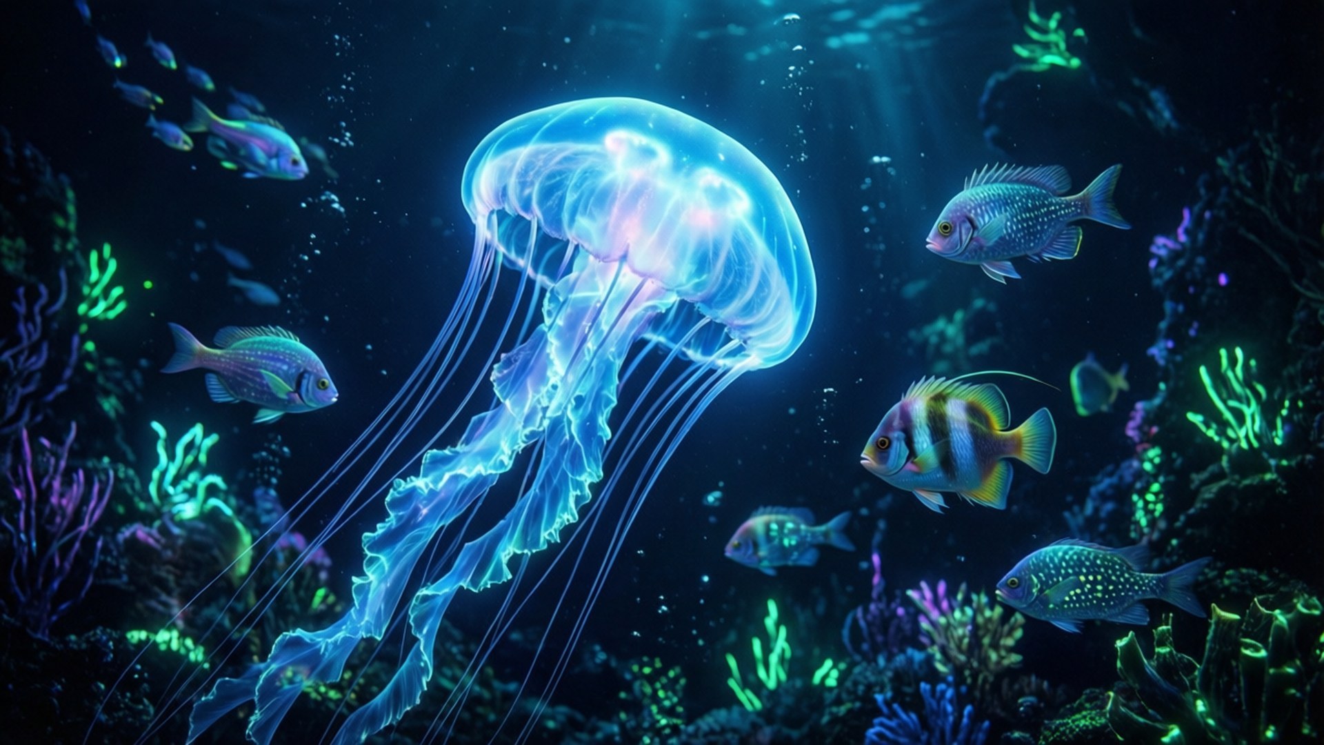 Bioluminescent Deep Sea 壁紙 — 一隻發光的藍色水母在黑暗的海洋中漂流，周圍有色彩繽紛的魚類和霓虹珊瑚。