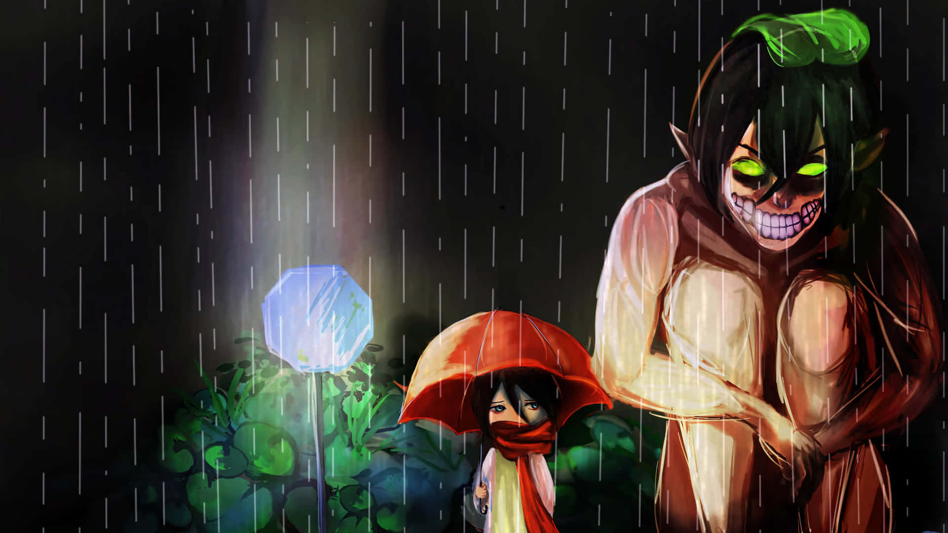  壁紙 — 一個發光的藍色燈籠照亮了一個雨夜，一個拿著紅色雨傘的孩子站在一個帶有綠色眼睛的威脅性生物旁邊。