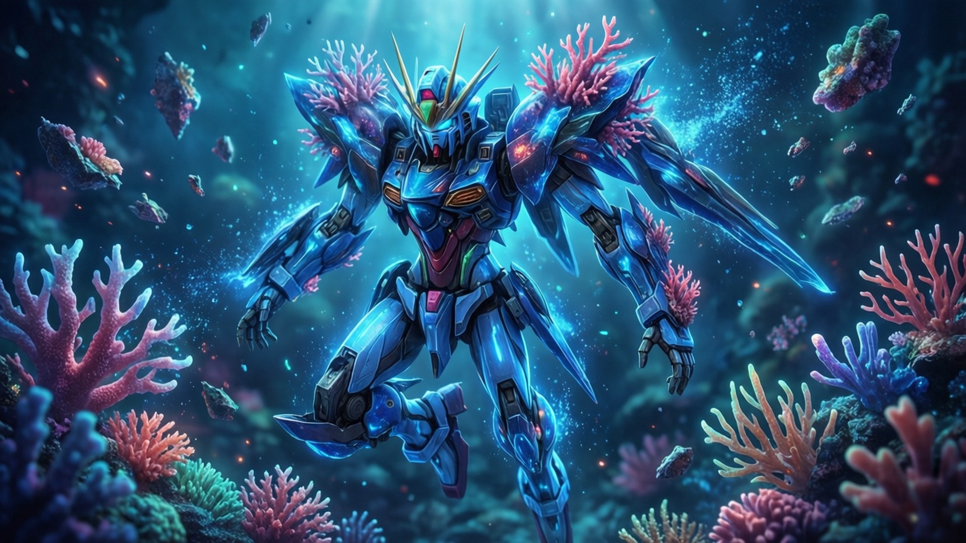 Coralian Awakening 壁紙 — 一個發光的藍色機甲，帶有粉紅色珊瑚生長，矗立在深海場景中充滿活力的水下珊瑚礁中。
