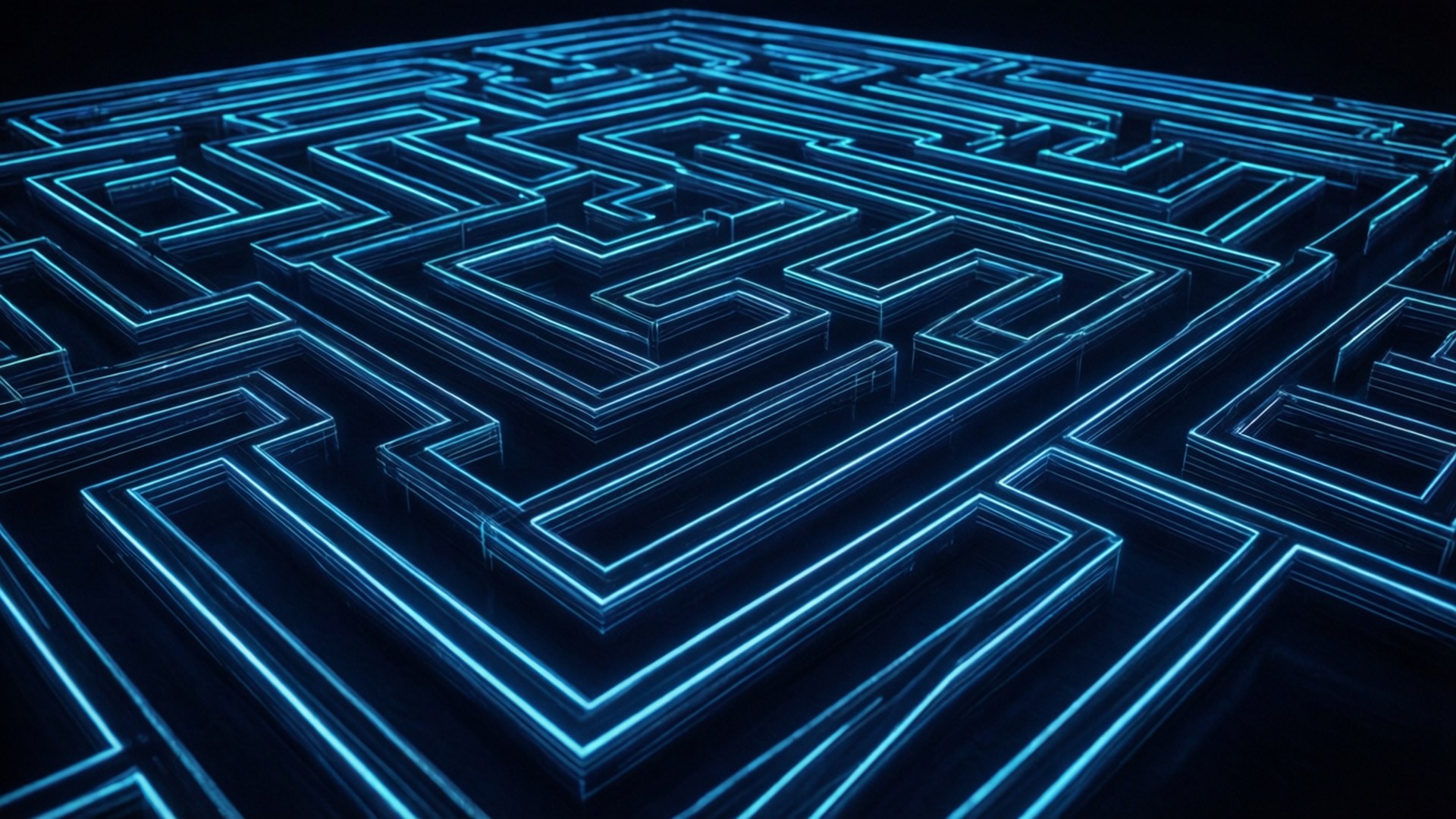 Maze Geometry 壁紙 — 一個發光的藍色霓虹迷宮，帶有尖銳的幾何路徑，在黑暗背景上照亮。