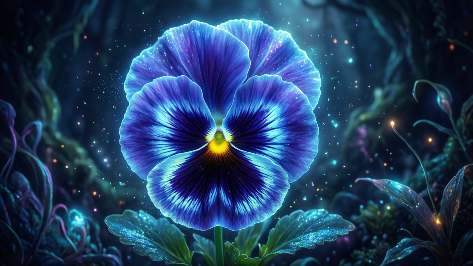 Glowing Blue Pansy Fantasy 壁紙 — 一朵發光的藍色三色堇，帶有黃色中心，在充滿閃爍燈光和發光葉子的神秘森林中散發光芒。