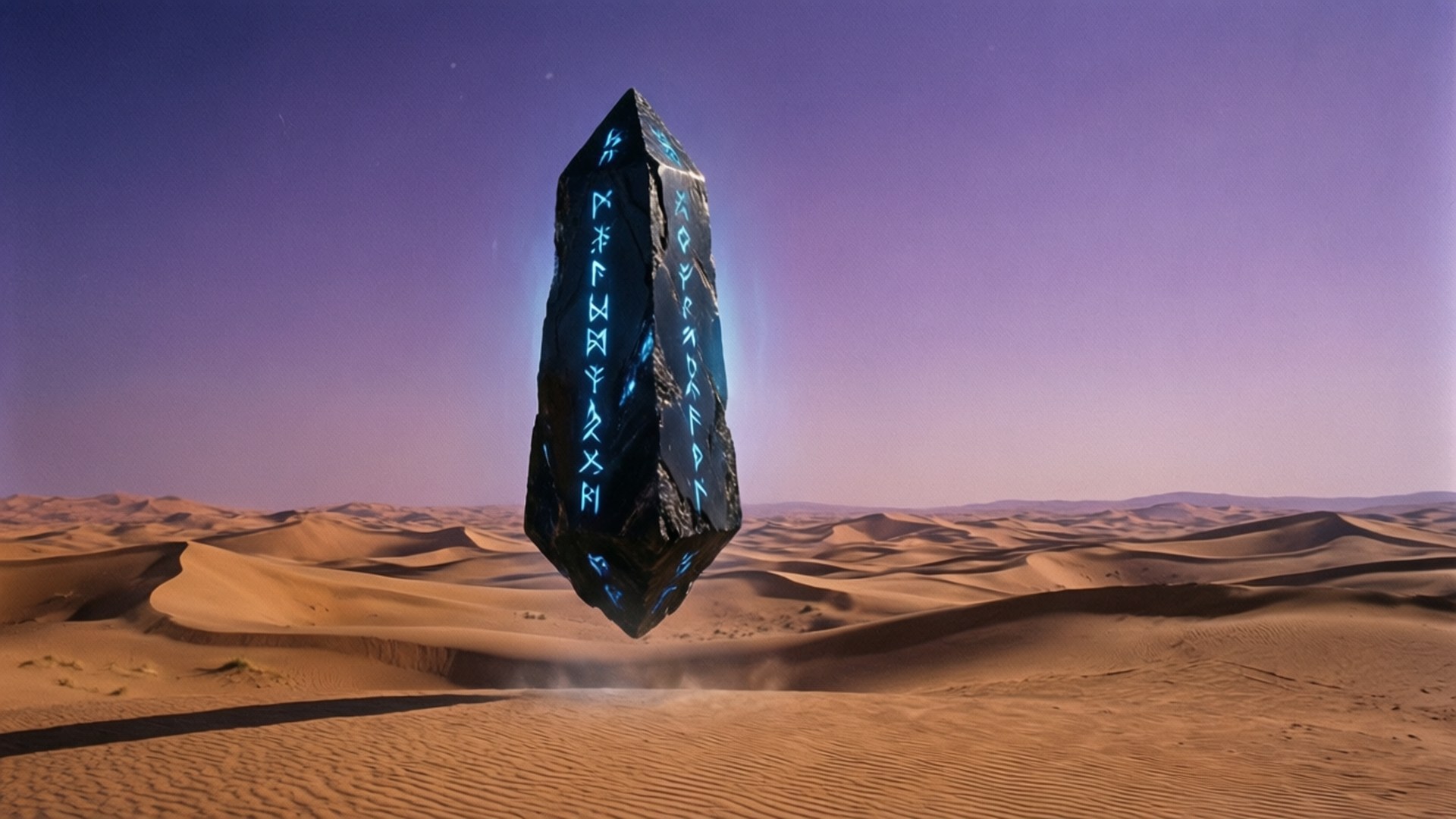 Obsidian Obelisk Desert 壁紙 — 一個發光的藍色符文刻印巨石神秘地漂浮在廣闊的沙漠沙丘田野之上，在暮色天空下。