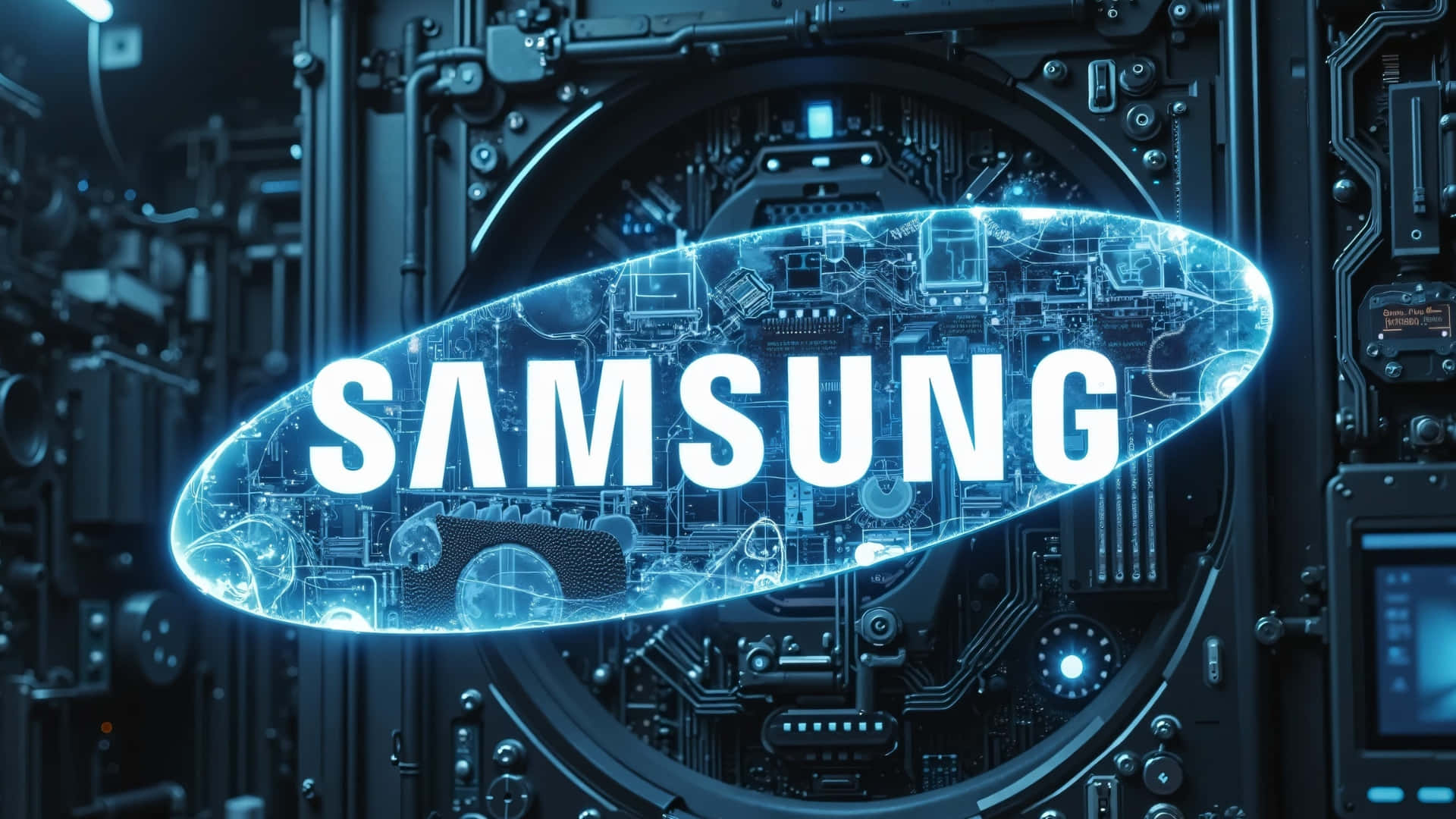  壁紙 — 一個發光的藍色Samsung標誌漂浮在高端伺服器房間內錯綜複雜的電路上方。