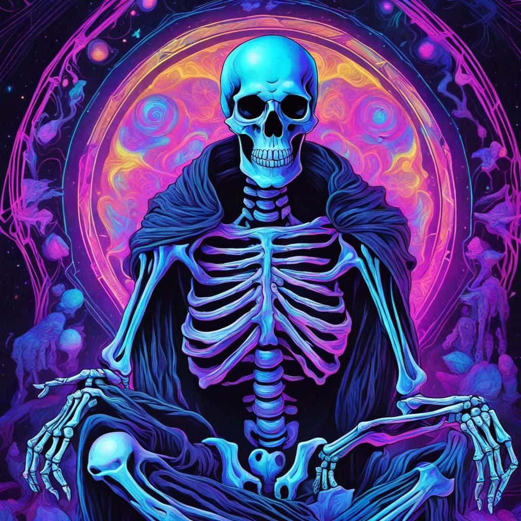  壁紙 — 一個發光的藍色骷髏穿著深色長袍，在一個由霓虹紫和橙色組成的旋轉宇宙傳送門前冥想。
