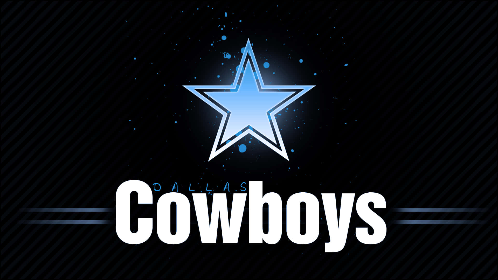  壁紙 — 一個發光的藍色星星標誌，上面有「Dallas Cowboys」文字，背景為黑色斜紋並帶有藍色斑點。