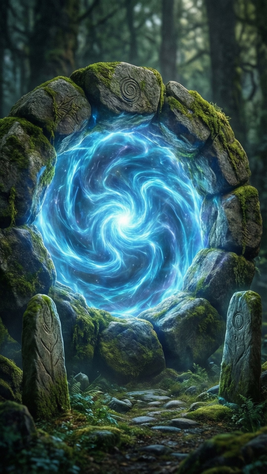 Portal to Another Realm 壁紙 — 在迷霧森林中，一個發光的藍色旋轉傳送門，由長滿苔蘚的古老石頭框住。