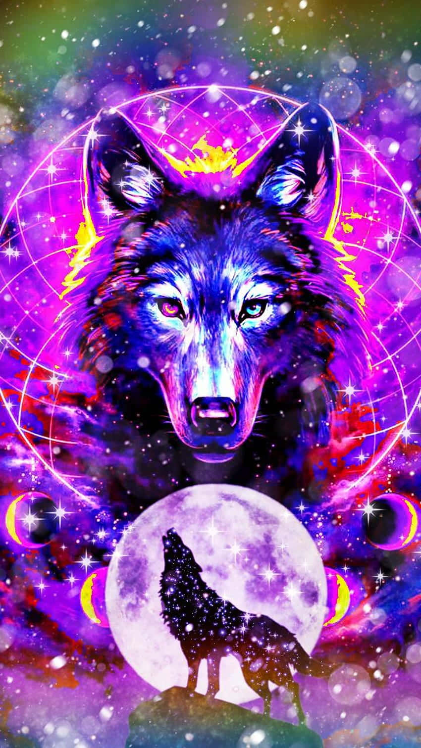  壁紙 — 一頭發光的藍色狼，目光銳利，直視前方，背景是紫色星星和帶有嚎叫狼剪影的滿月。