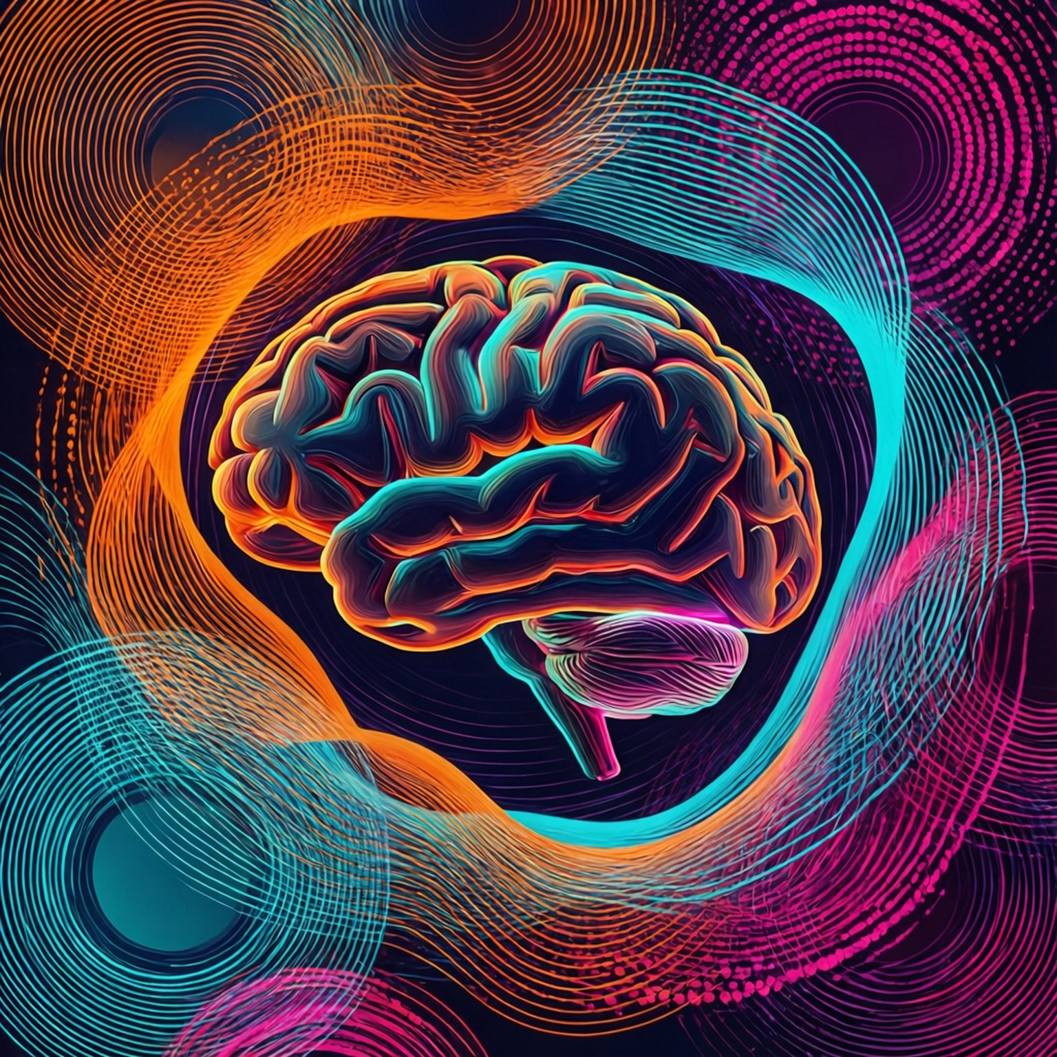 桌布 壁紙 — 一個發光的大腦，被橙色、藍綠色和洋紅色的旋轉霓虹線條包圍，背景為深色。