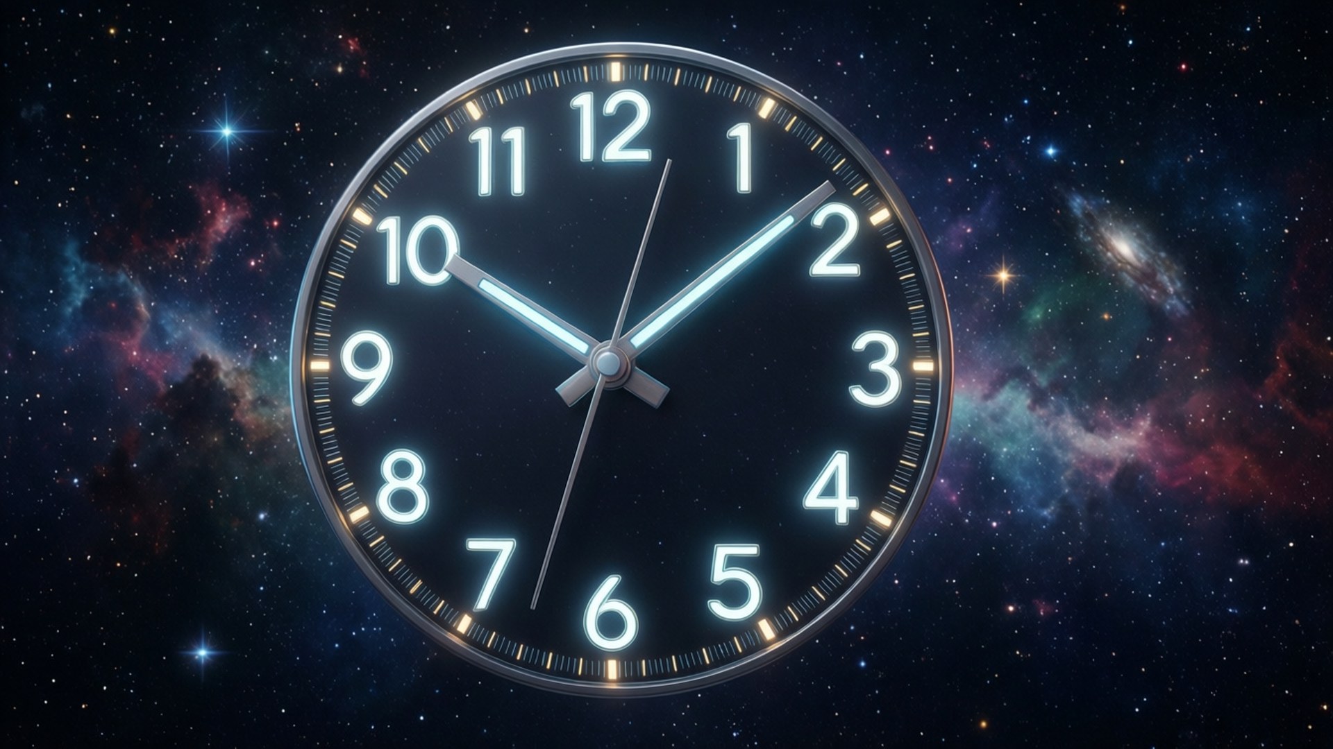 Cosmic Clock Glow 壁紙 — 一個發光的時鐘漂浮在充滿星星和彩色星雲的充滿活力的宇宙背景下。