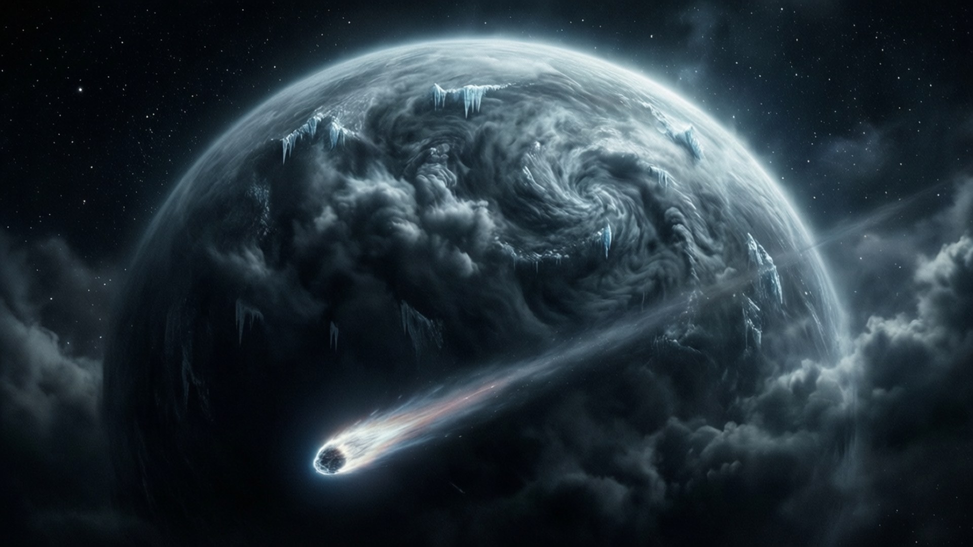 Planet Nine 桌布 壁紙 — 一顆發光的彗星飛過一個巨大的冰行星，周圍有旋轉的風暴雲和鋸齒狀的冰層，背景是繁星點點的虛空。