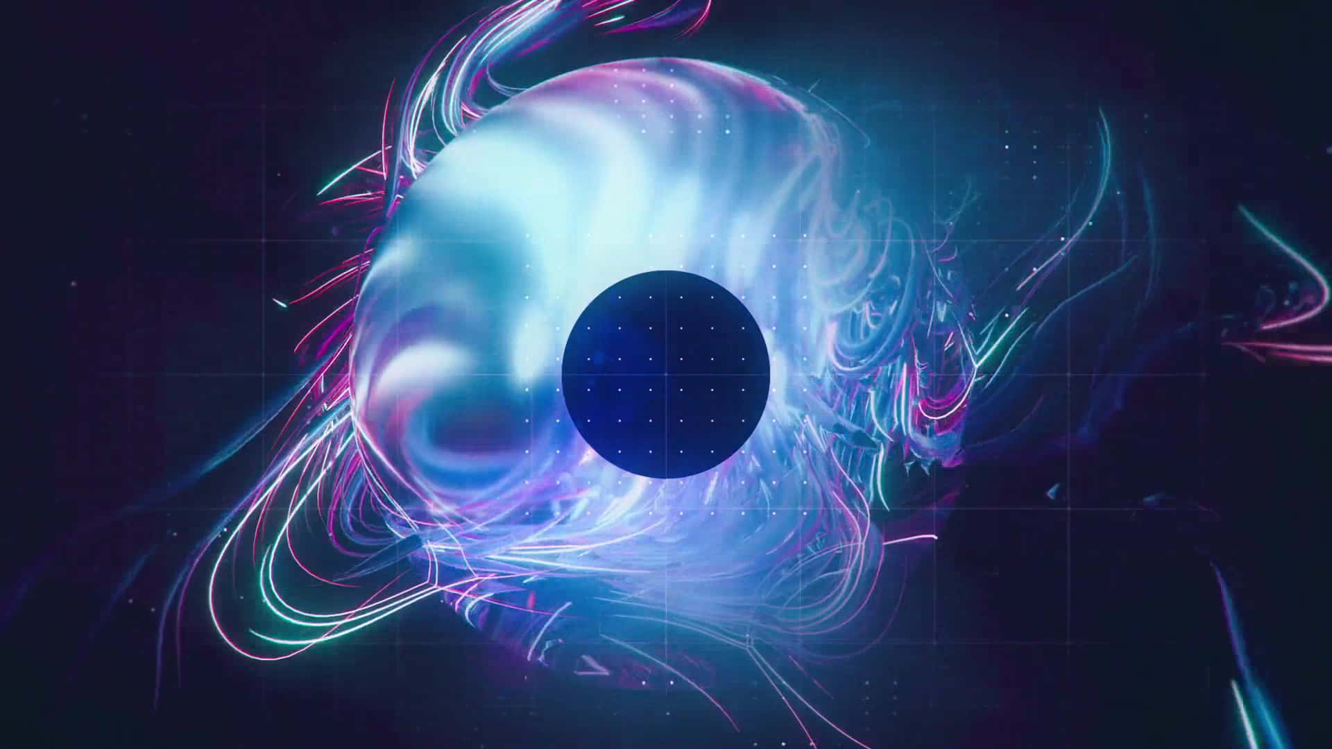  壁紙 — 一隻發光的宇宙之眼，帶有霓虹漩渦和暗色網格瞳孔，背景是繁星點點的數位虛空。
