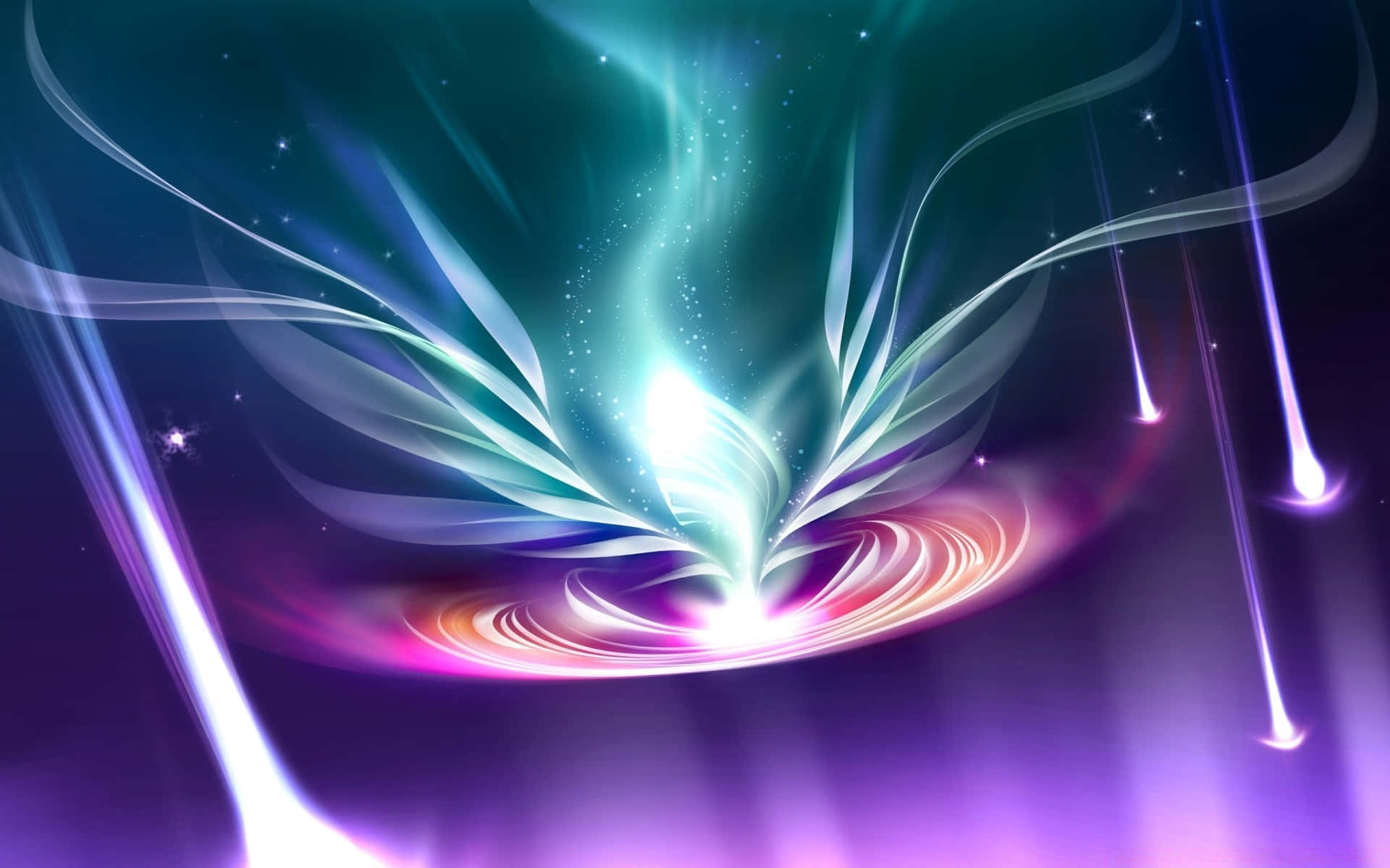  壁紙 — 一朵發光的宇宙花朵，帶有光芒四射的花瓣和旋轉的能量光束，背景是繁星點點的紫色和藍綠色。