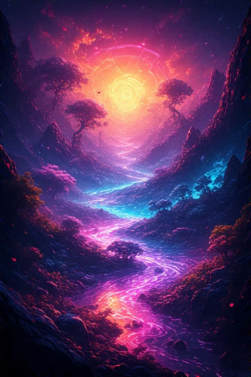 一條發光的宇宙河流流經一個超現實的山谷，下方是光芒四射的螺旋太陽。 — 4K 壁紙