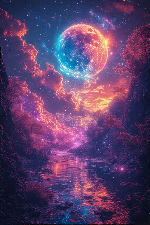 一個發光的宇宙球體漂浮在繁星峽谷上空，下方有一條反射的河流。 — 4K 壁紙