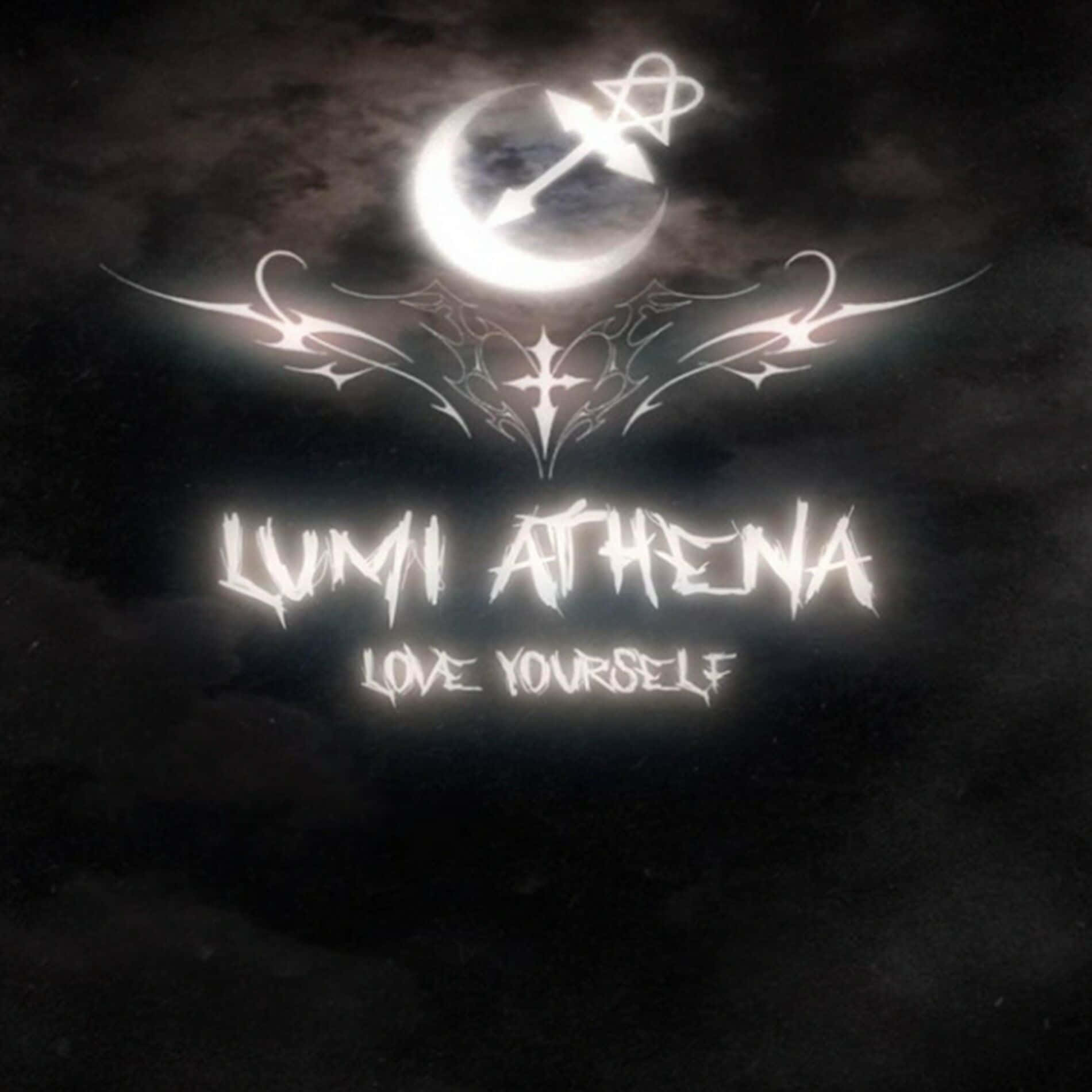  壁紙 — 一輪發光的彎月，上方有風格化的箭頭和星星，下方有發光文字 LUMI ATHENA LOVE YOURSELF，背景是陰暗多雲的天空。