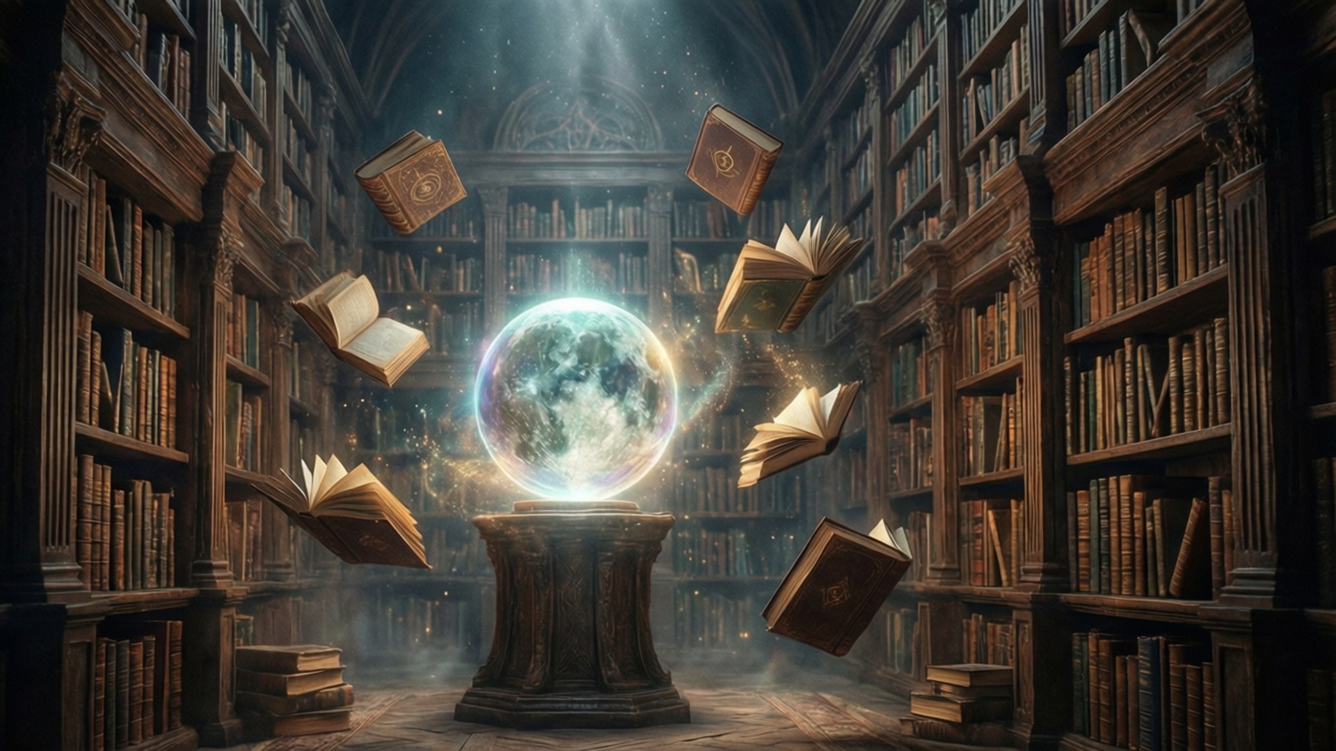 Arcane Library 壁紙 — 一顆發光的水晶球漂浮在宏偉圖書館的基座上，古老的書籍在神秘的光芒中圍繞它漂浮。