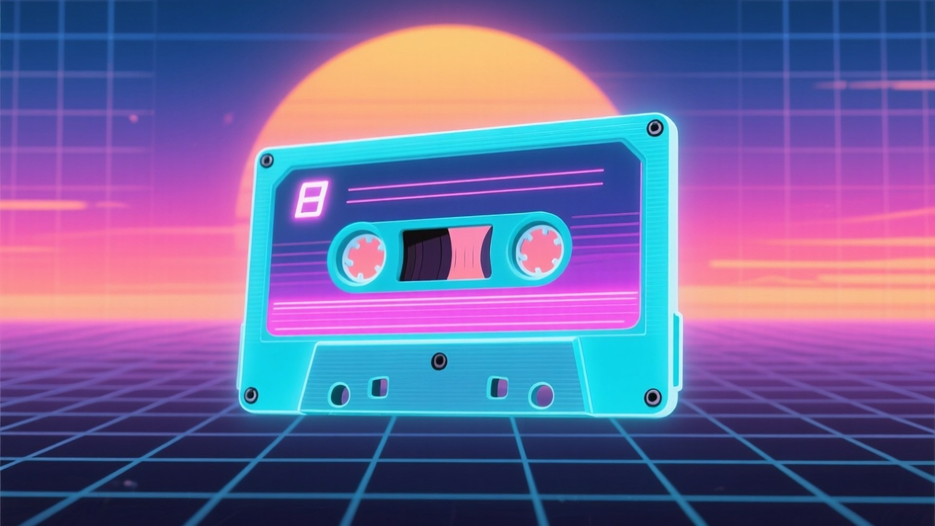 Synthwave Cassette 壁紙 — 一個發光的青色卡式帶，帶有粉紅色點綴，漂浮在霓虹網格上，背景是日落漸變天空。