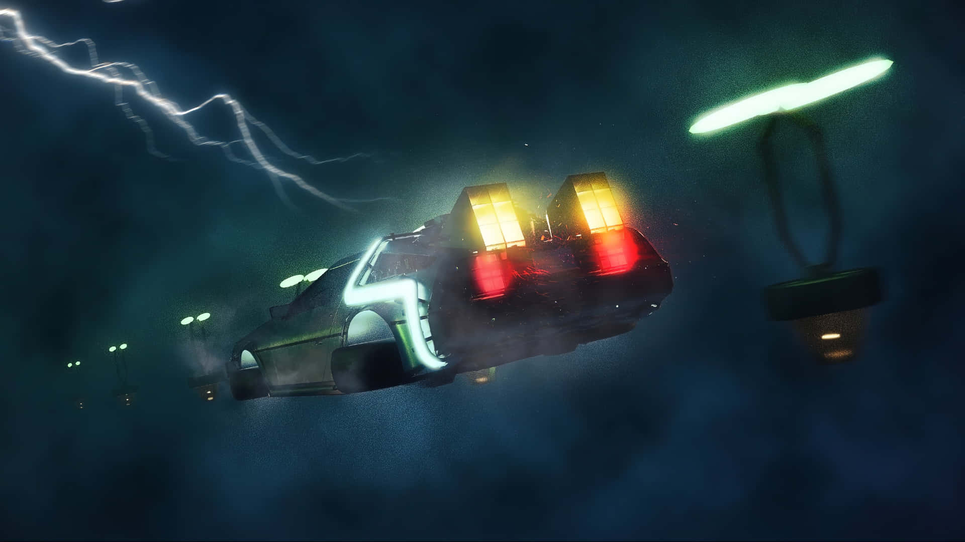  壁紙 — 一架發光的 DeLorean 時光機在雷電交加的暴風雨夜空中飛行，閃電照亮了它發光的燈光。