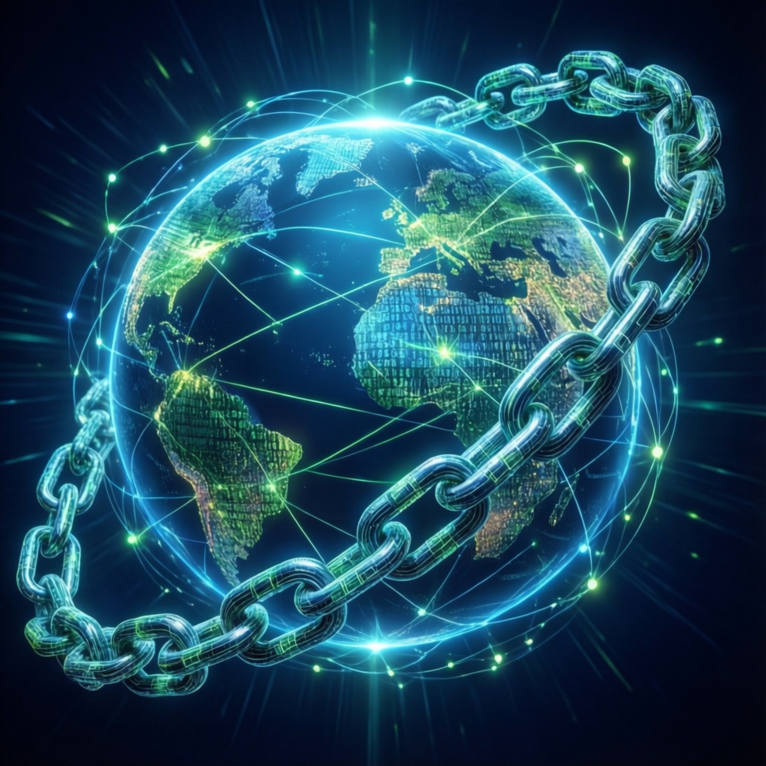 Global Blockchain Network 壁紙 — 一個發光的數位地球儀，被一條發光的鏈條環繞，帶有連接各大洲的霓虹綠色數據流。