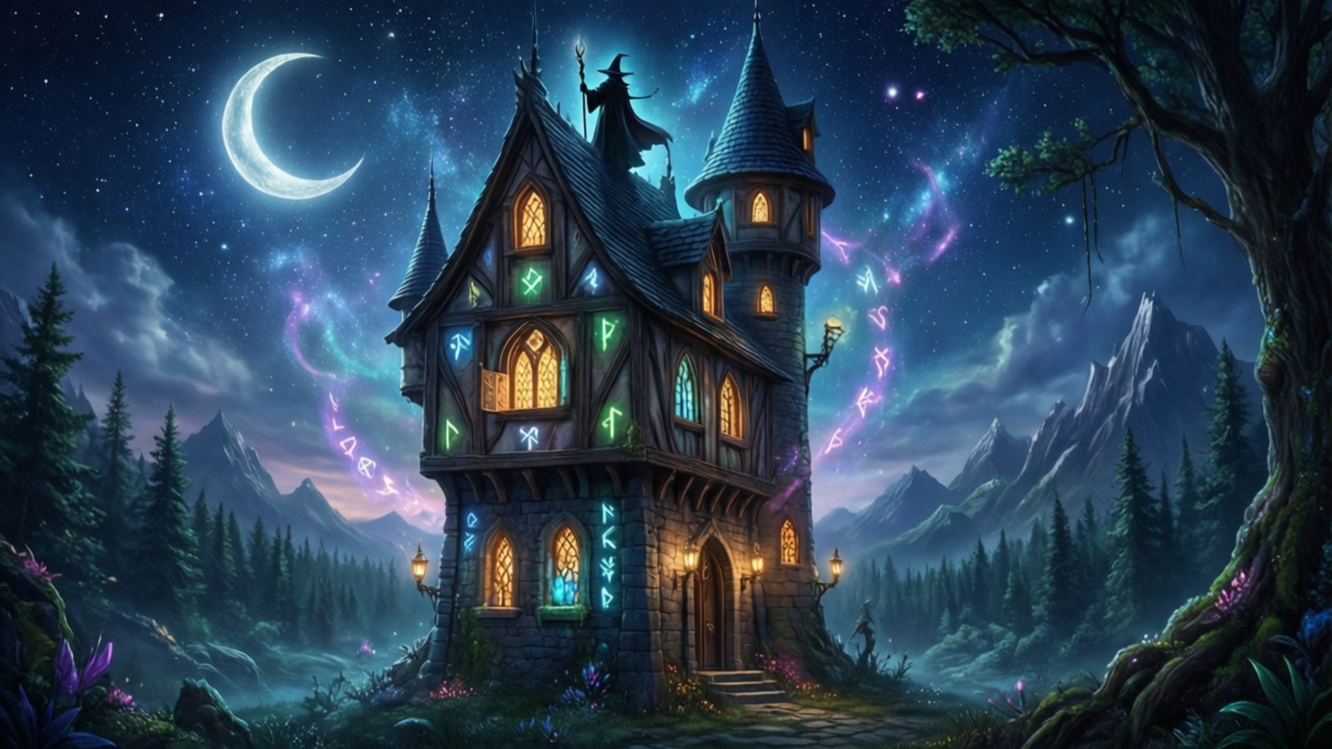 Wizard's Tower 壁紙 — 一座發光的魔法城堡，帶有發光的符文和屋頂上的女巫，矗立在神秘森林中的新月下。