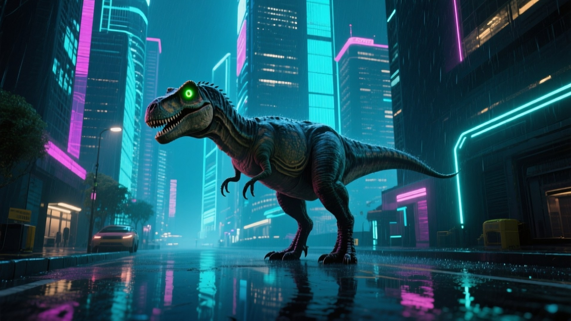 Neon Dino 壁紙 — 一隻發光眼睛的恐龍站在被雨水浸透的霓虹燈街道上，反射著高聳摩天大樓的鮮豔紫色和青色燈光。
