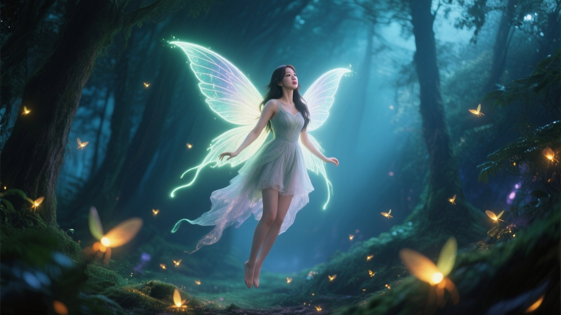 Fairy Taeyeon 壁紙 — 一個發光的仙女帶著發光的翅膀，在螢火蟲照亮、迷霧籠罩的魔法森林中寧靜地漂浮。