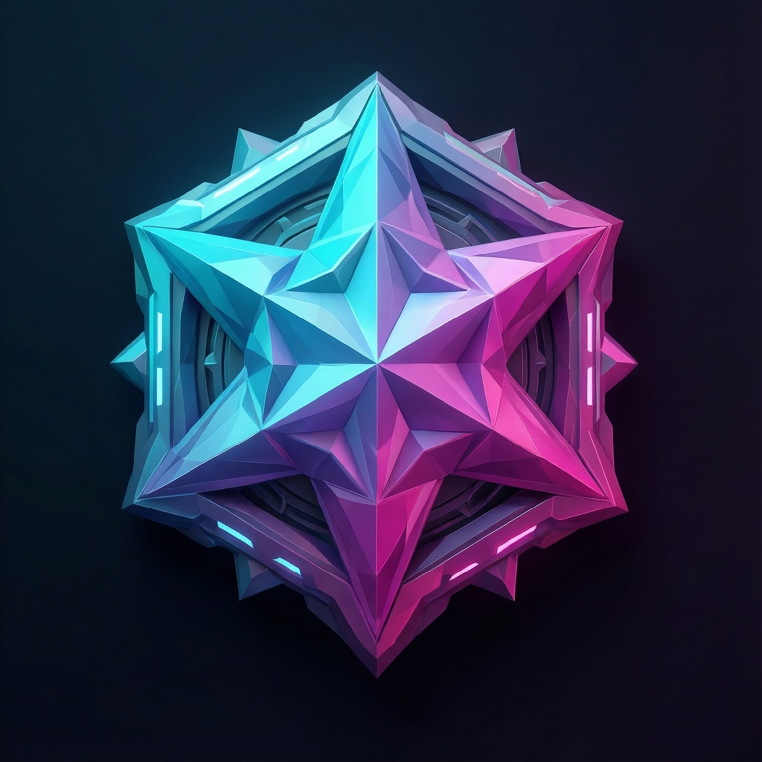Low-Poly Geometric Badge 壁紙 — 一個發光的幾何星星，帶有銳利的切面，在深色背景上從青色過渡到洋紅色。