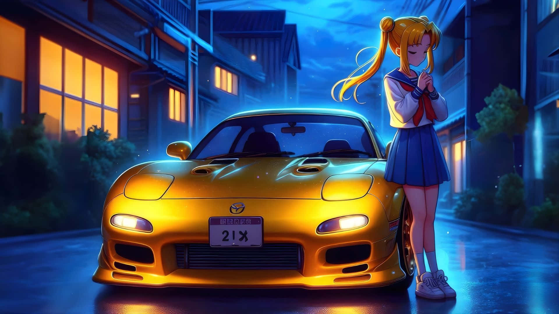  壁紙 — 一輛發光的金色跑車停在雨夜街道上，旁邊站著一位穿著校服的金髮動漫女孩。