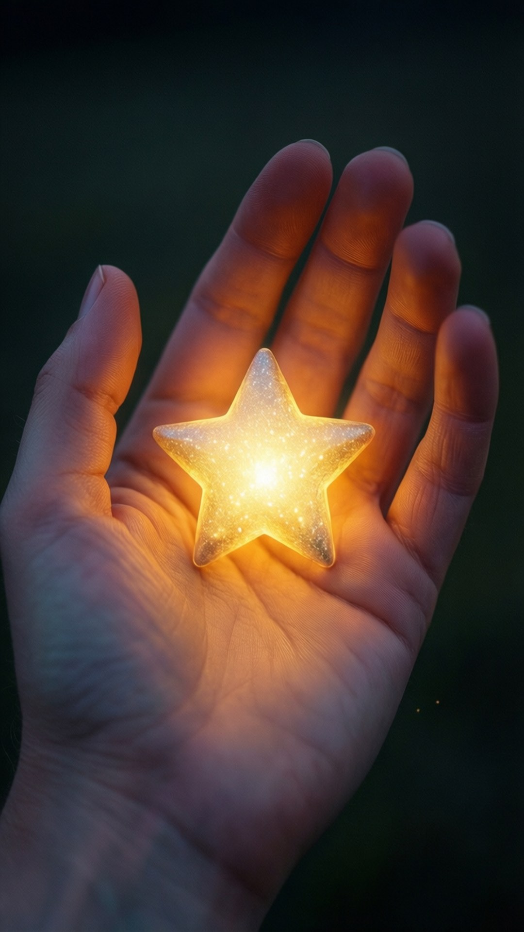 Holding a Star 壁紙 — 一顆發光的金色星星帶著閃爍的塵埃，在黑暗模糊的背景前，安放在張開的手掌中。