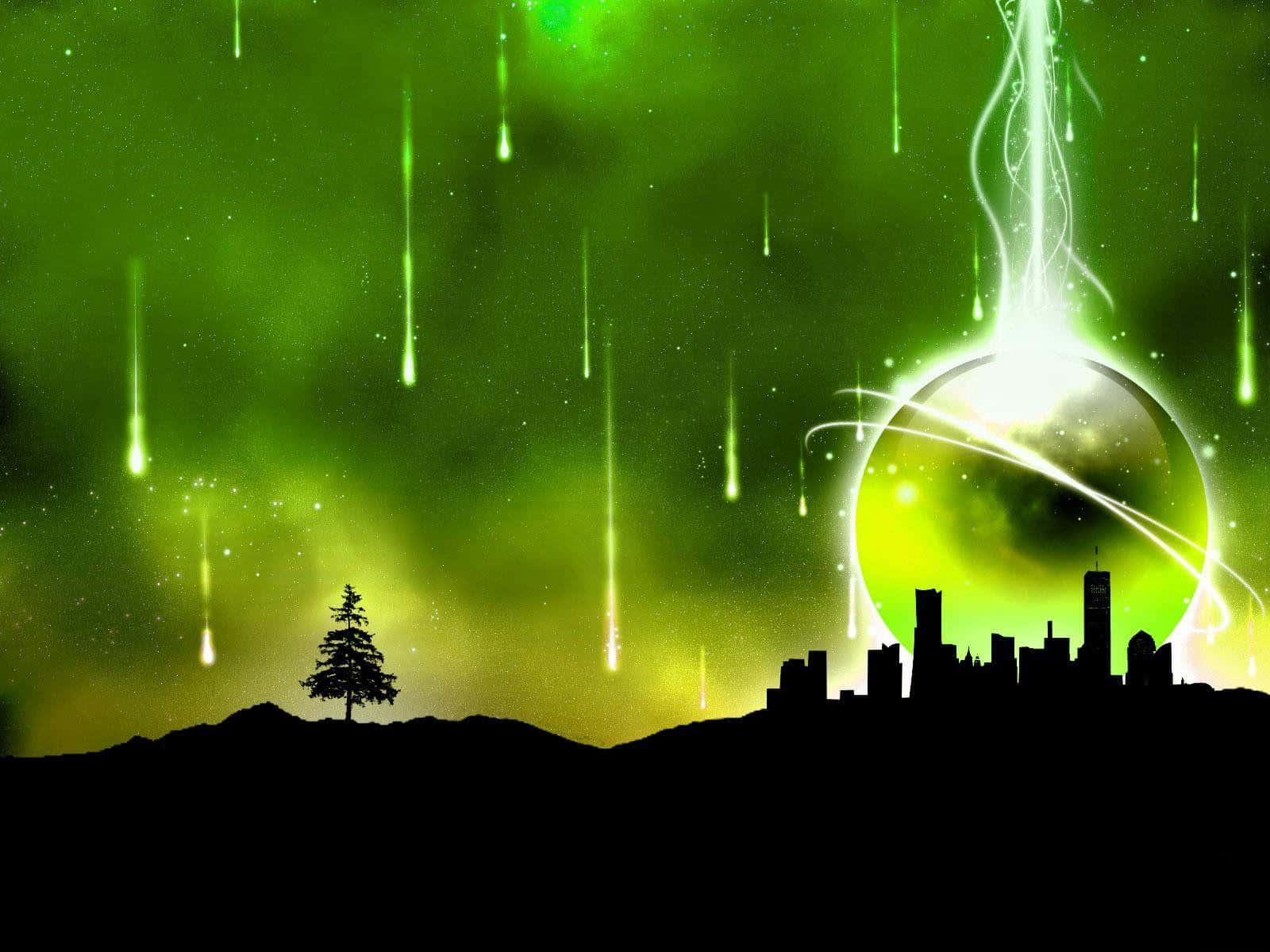  壁紙 — 一顆發光的綠色外星行星伴隨著墜落的流星，籠罩著夜晚的城市和孤獨的樹木剪影。