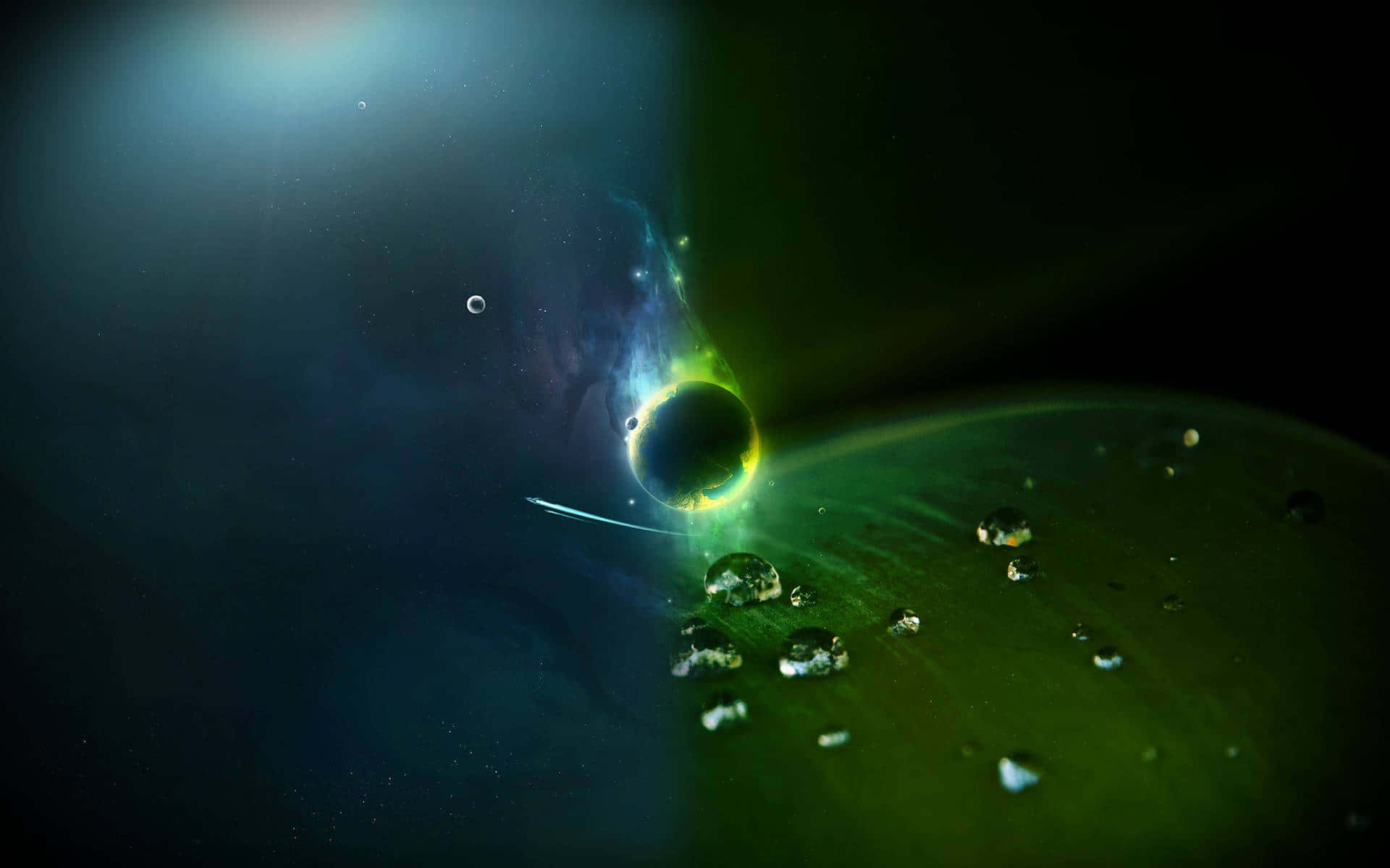一顆帶有發光環的綠色行星在太空中繞著一個黑暗的天體運行。 — 3D 壁紙
