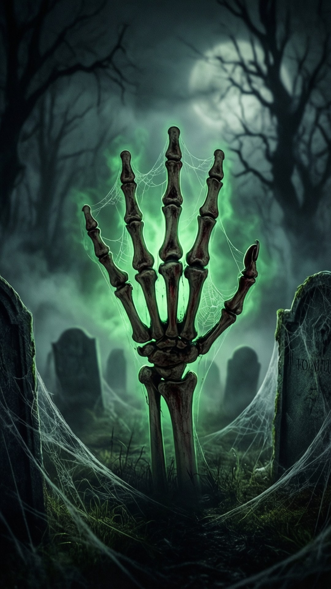 Skeleton Hand Grave 壁紙 — 一隻發光的綠色骷髏手從霧氣瀰漫的墓地中出現，周圍環繞著墓碑和蜘蛛網，滿月當空。