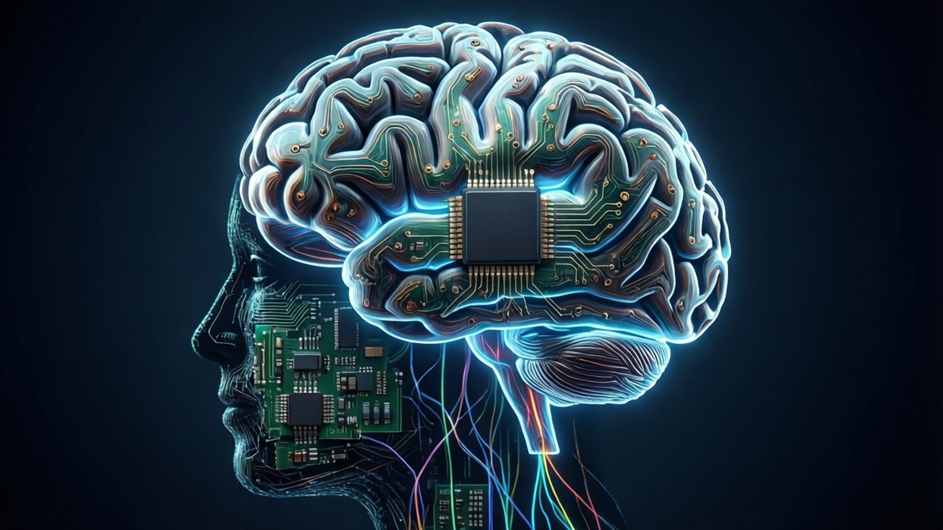 Neural Circuit 壁紙 — 一個發光的人腦與電路和中央晶片融合，背景為深色。