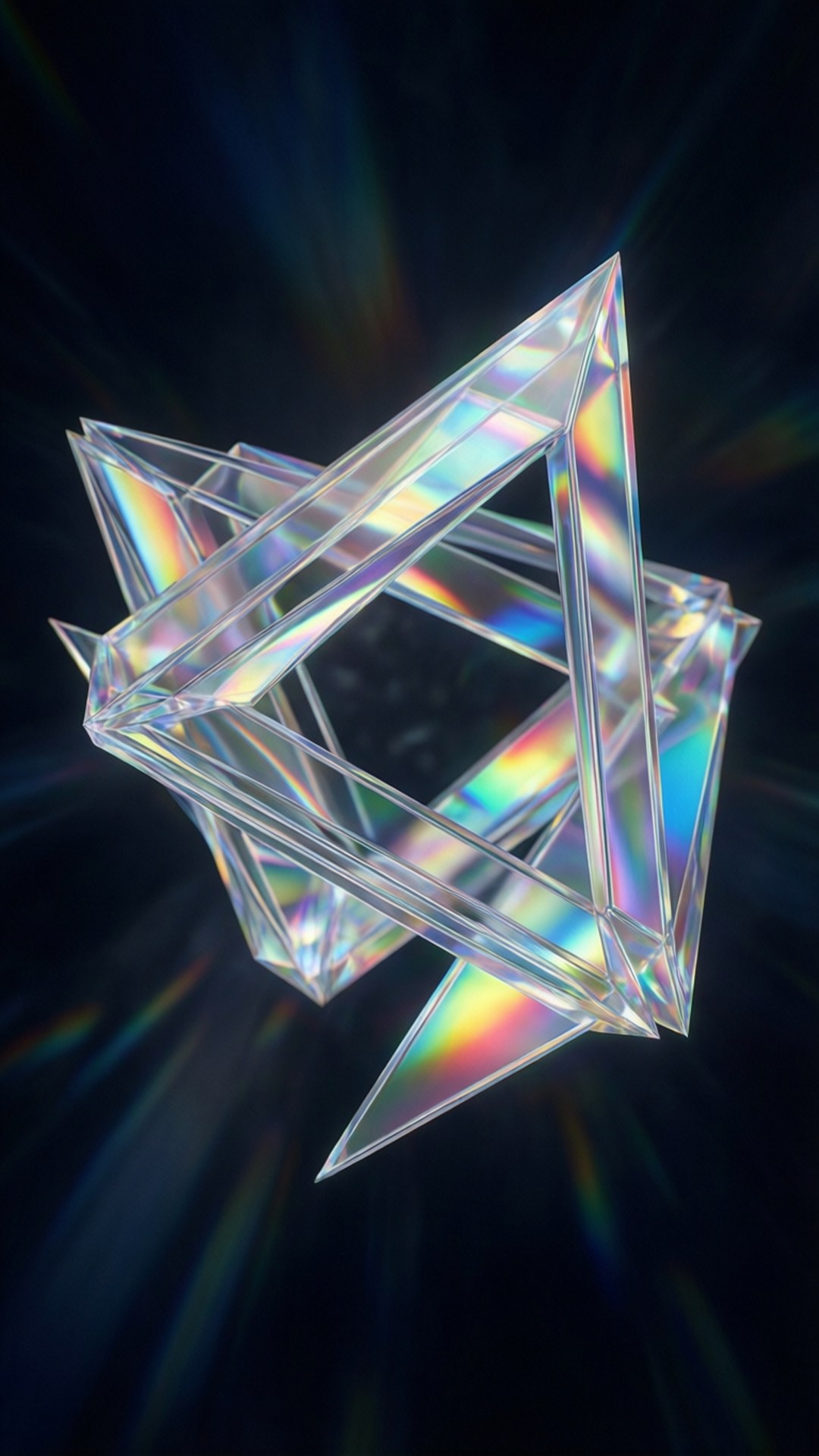 Holographic Geometry 壁紙 — 一個發光的彩虹色幾何星爆雕塑漂浮在黑暗發光的背景上。