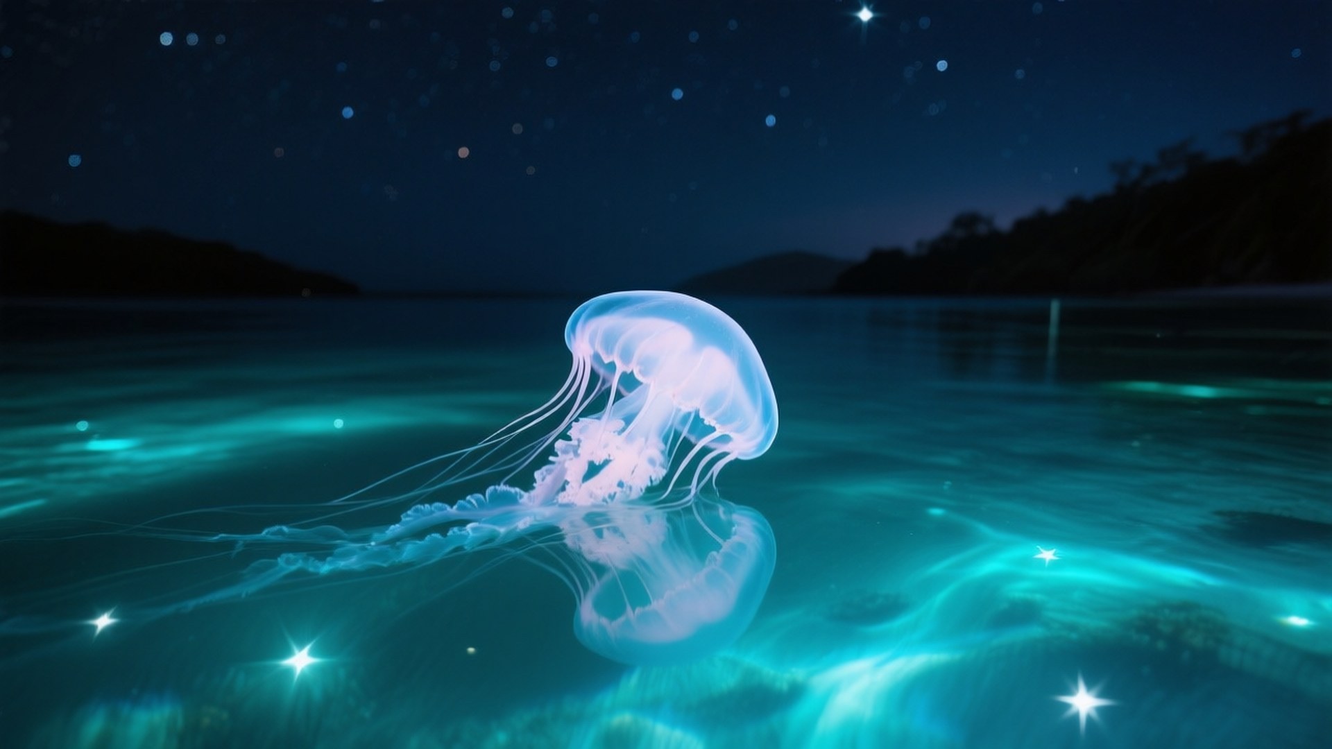 Bioluminescent Bay Jelly 壁紙 — 一隻發光的水母在星光閃爍的藍綠色海水中寧靜地漂浮，背景是黑暗的森林海岸。